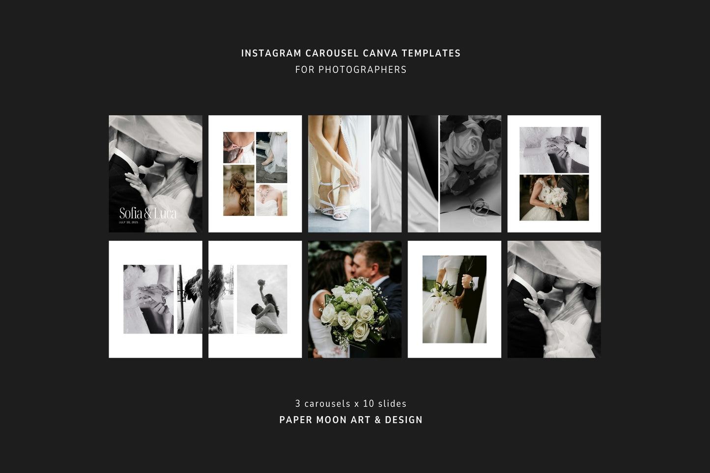 Instagram carousel Canva templates for portrait and wedding photography.