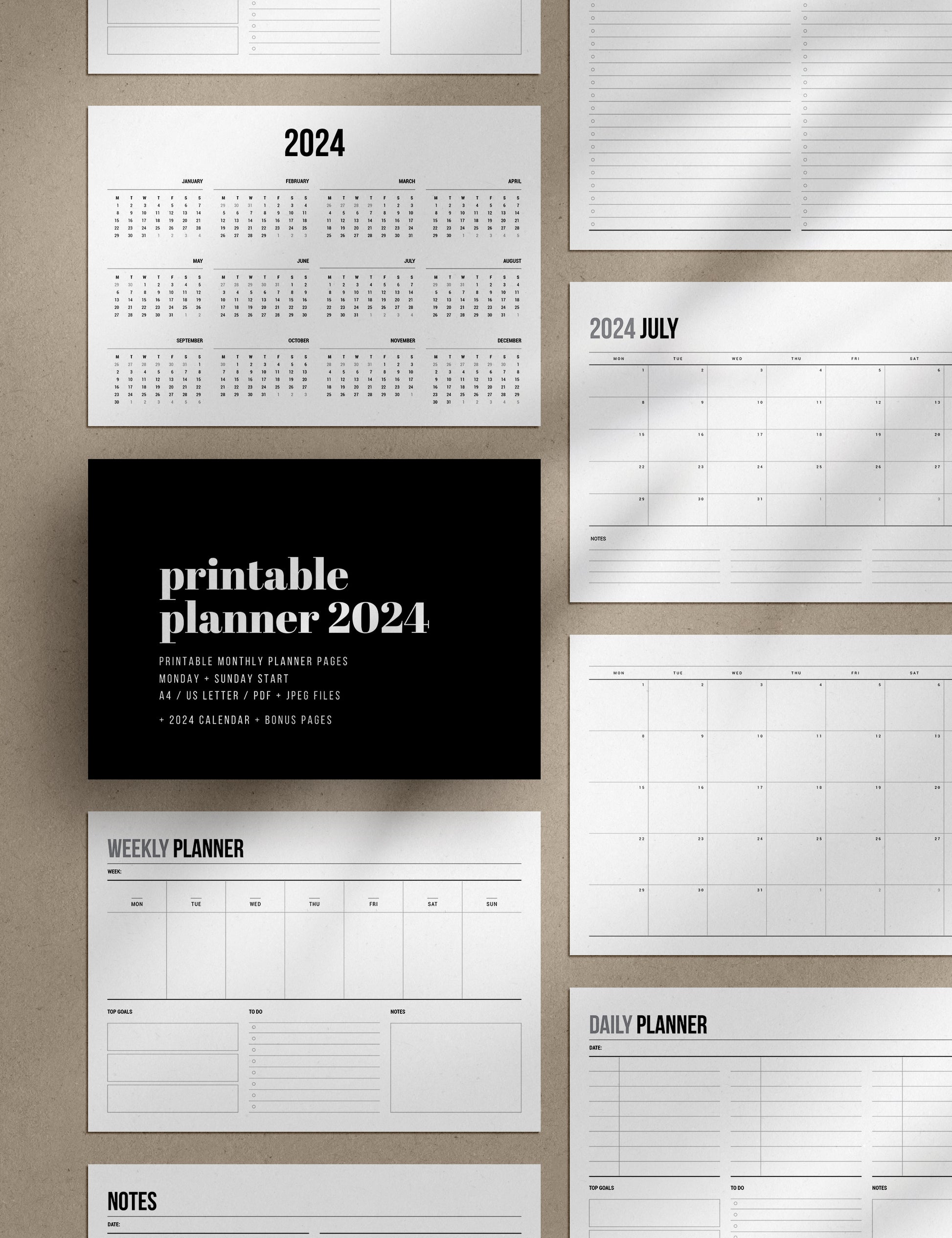 2024 Printable Monthly Planner | Landscape | Horizontal | A4 | US Letter | Sunday + Monday Start | Printable Planner Pages | 2024 Calendar | Minimal Aesthetic | Clean Design | PDF + JPEG | Planner Printables | Bonus Pages: Undated Monthly, Weekly, and Daily Planners, To-Do List, and Notes