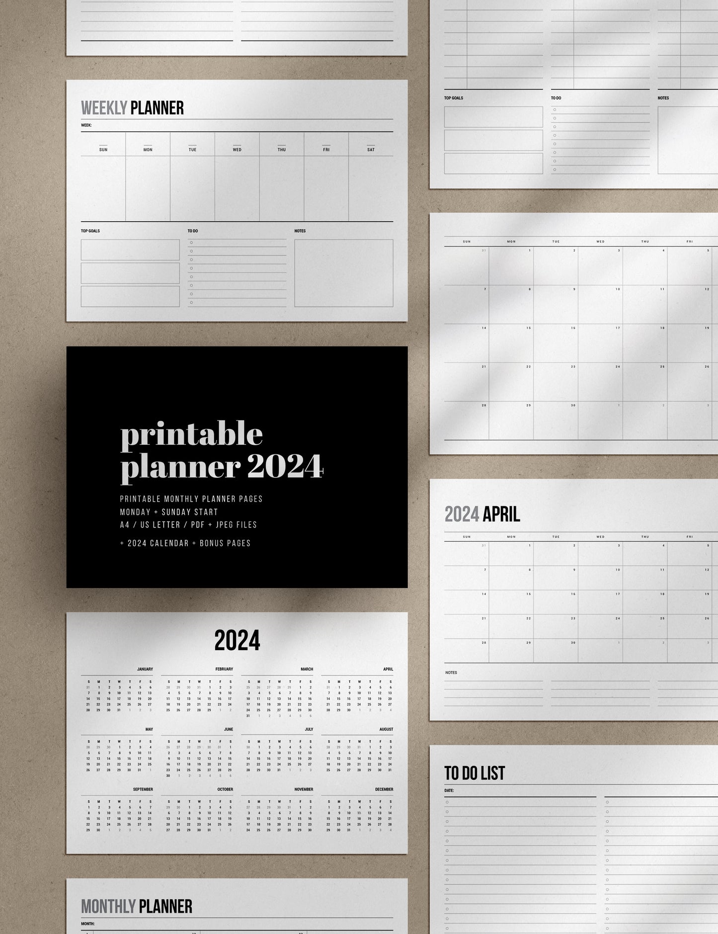 2024 Printable Monthly Planner | Landscape | Horizontal | A4 | US Letter | Sunday + Monday Start | Printable Planner Pages | 2024 Calendar | Minimal Aesthetic | Clean Design | PDF + JPEG | Planner Printables | Bonus Pages: Undated Monthly, Weekly, and Daily Planners, To-Do List, and Notes