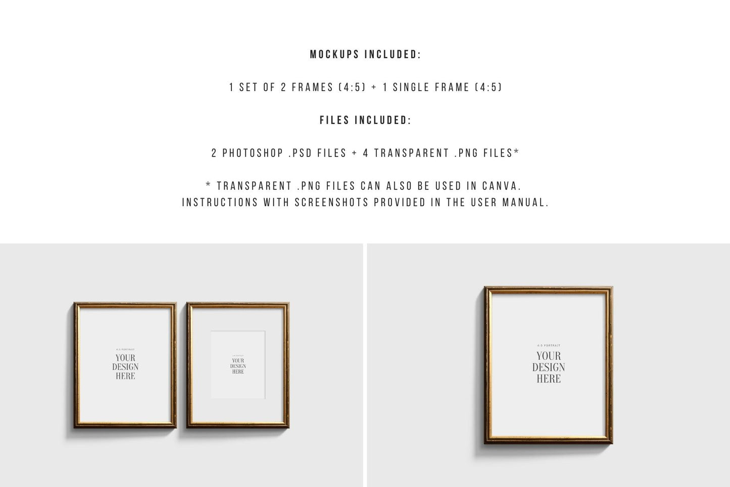 Metallic Frame Mockup Set of 2 Vertical Frames 4:5 | Vintage Gold Frame Mockup Set | PSD Template + Transparent PNG Files