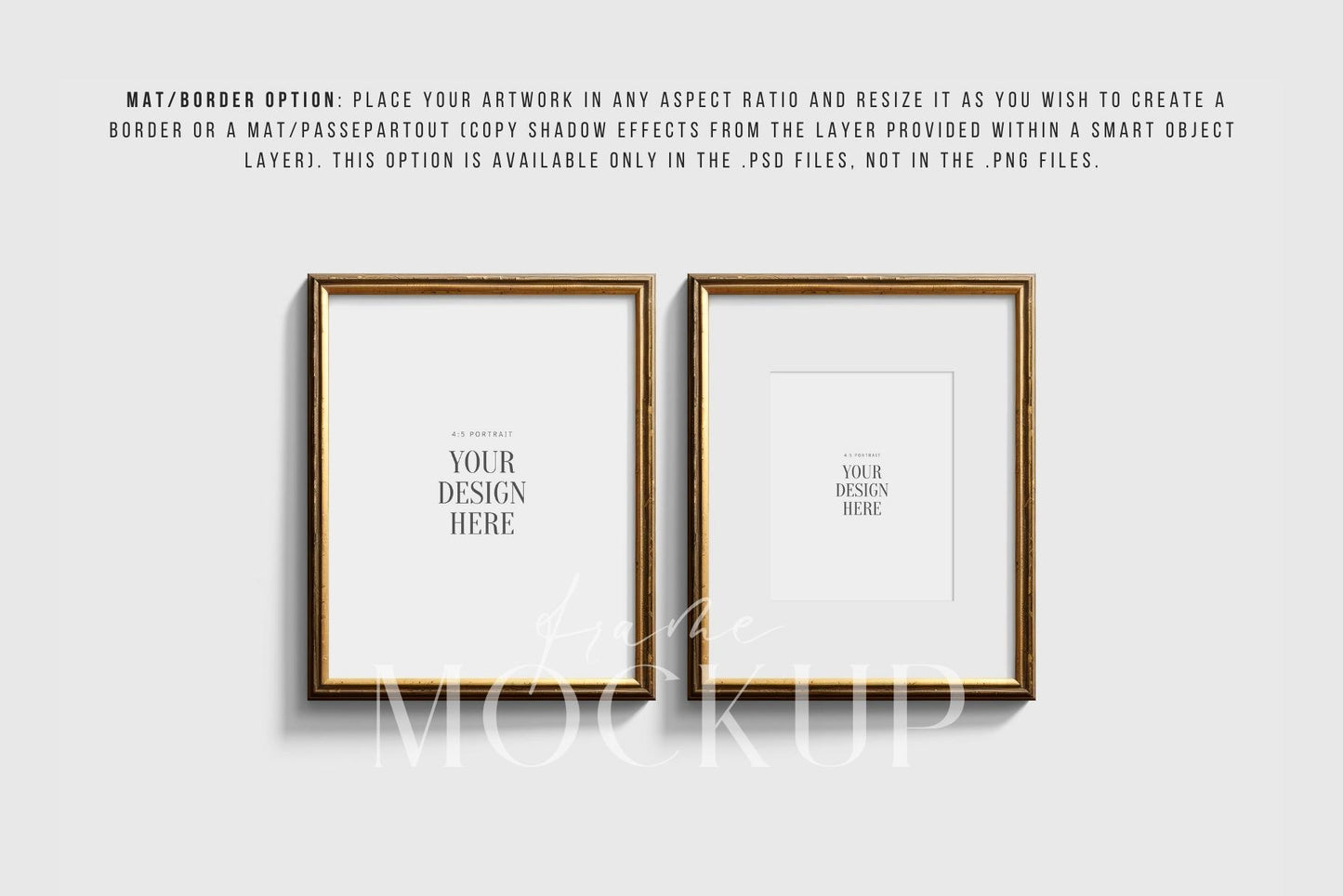 Metallic Frame Mockup Set of 2 Vertical Frames 4:5 | Vintage Gold Frame Mockup Set | PSD Template + Transparent PNG Files