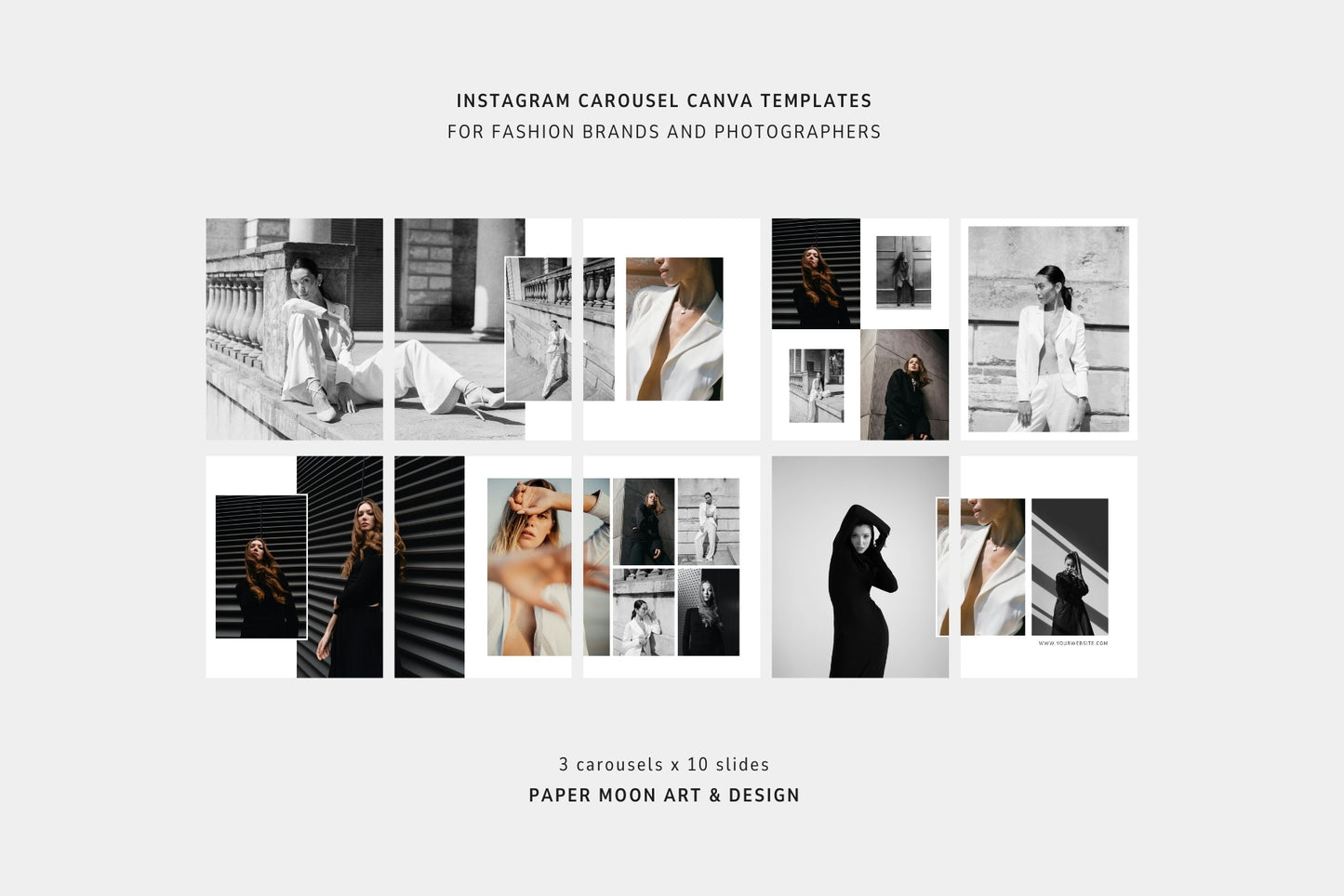 Minimal, editorial Instagram carousel Canva templates for fashion photography.
