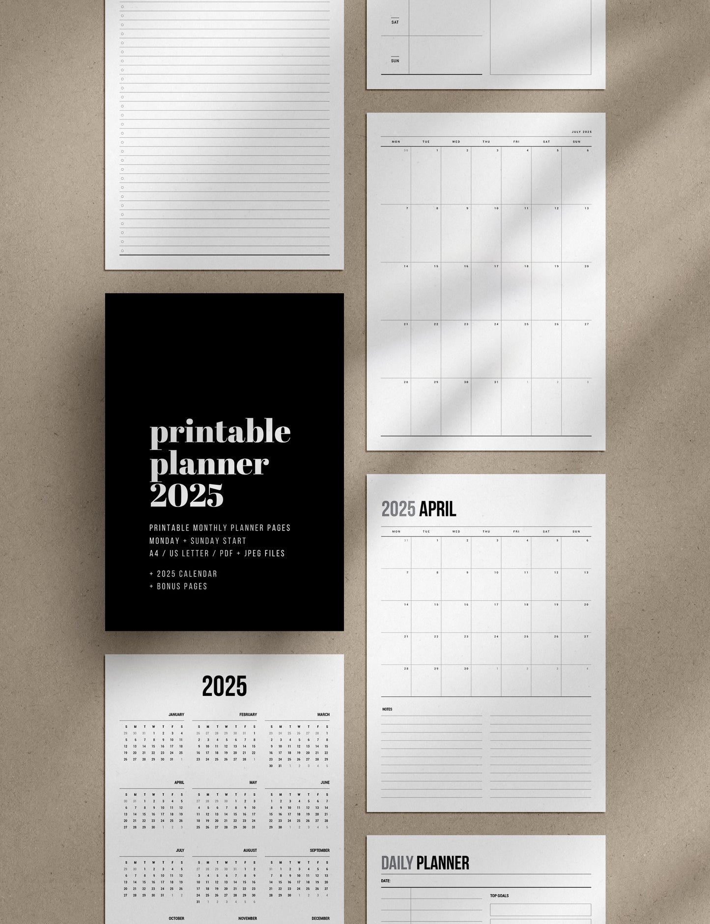2025 Printable Monthly Planner | Portrait | Vertical | A4 | US Letter | Sunday + Monday Start | Printable Planner Pages | 2025 Calendar | Minimal Aesthetic | Clean Design | PDF + JPEG | Planner Printables | Bonus Pages: Undated Monthly, Weekly, and Daily Planners, To-Do List, and Notes