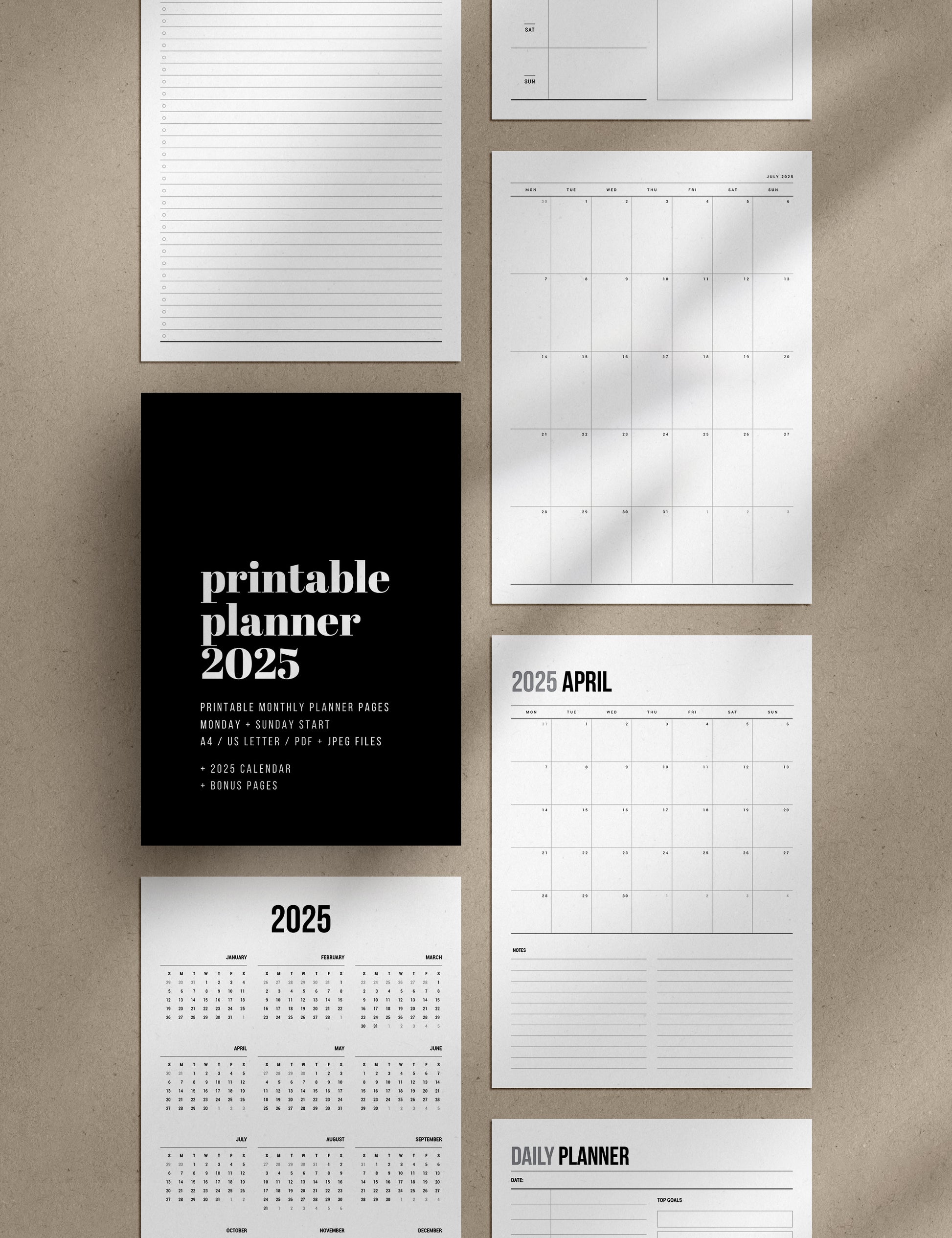 2025 Printable Monthly Planner | Portrait | Vertical | A4 | US Letter | Sunday + Monday Start | Printable Planner Pages | 2025 Calendar | Minimal Aesthetic | Clean Design | PDF + JPEG | Planner Printables | Bonus Pages: Undated Monthly, Weekly, and Daily Planners, To-Do List, and Notes