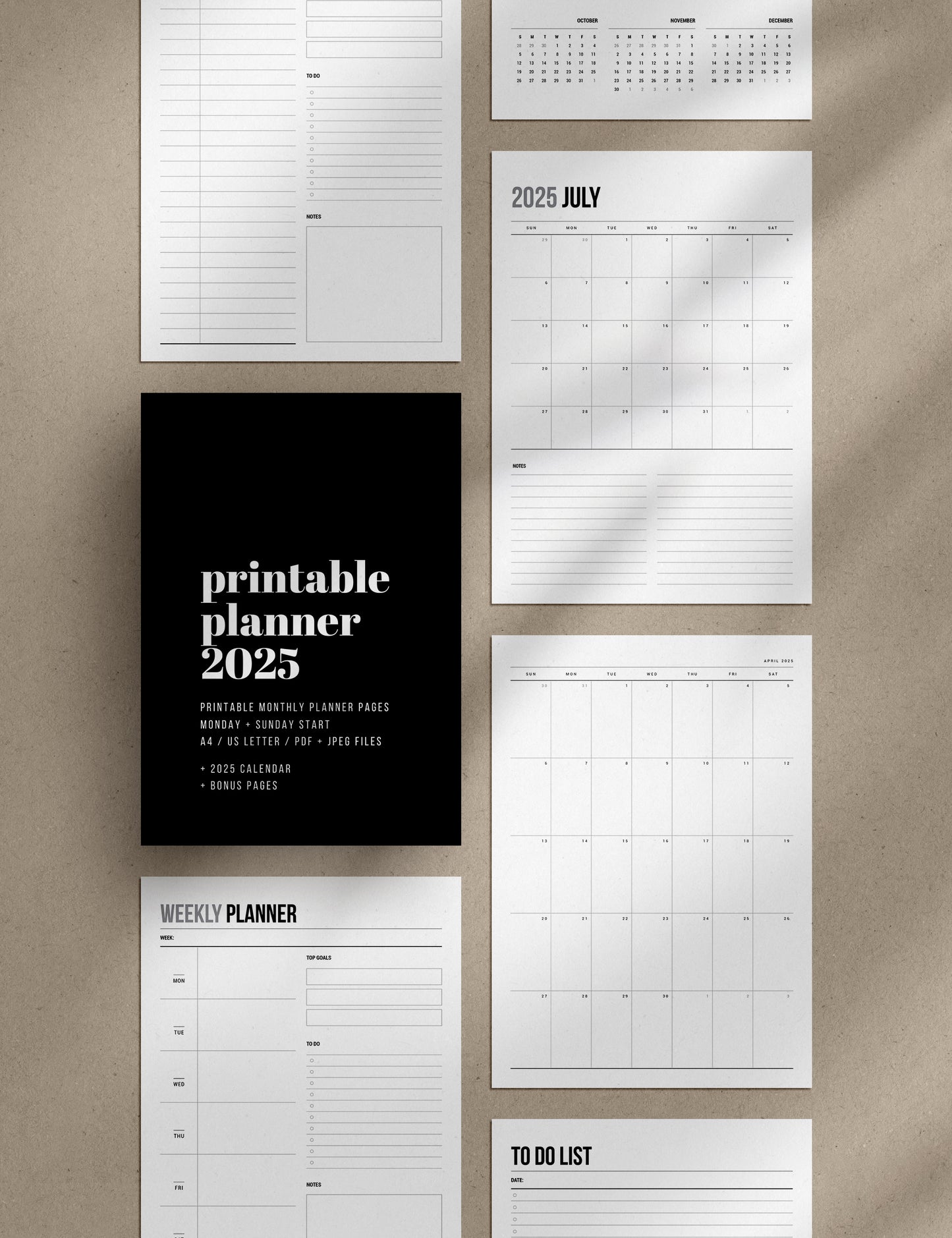 2025 Printable Monthly Planner | Portrait | Vertical | A4 | US Letter | Sunday + Monday Start | Printable Planner Pages | 2025 Calendar | Minimal Aesthetic | Clean Design | PDF + JPEG | Planner Printables | Bonus Pages: Undated Monthly, Weekly, and Daily Planners, To-Do List, and Notes