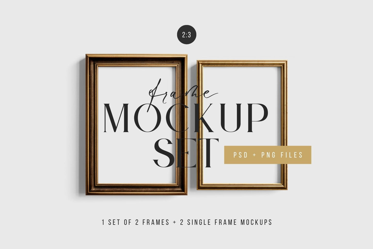 Metallic Frame Mockup Set of 2 Vertical Frames 2:3 | Vintage Gold Frame Mockup Set | PSD Template + Transparent PNG Files