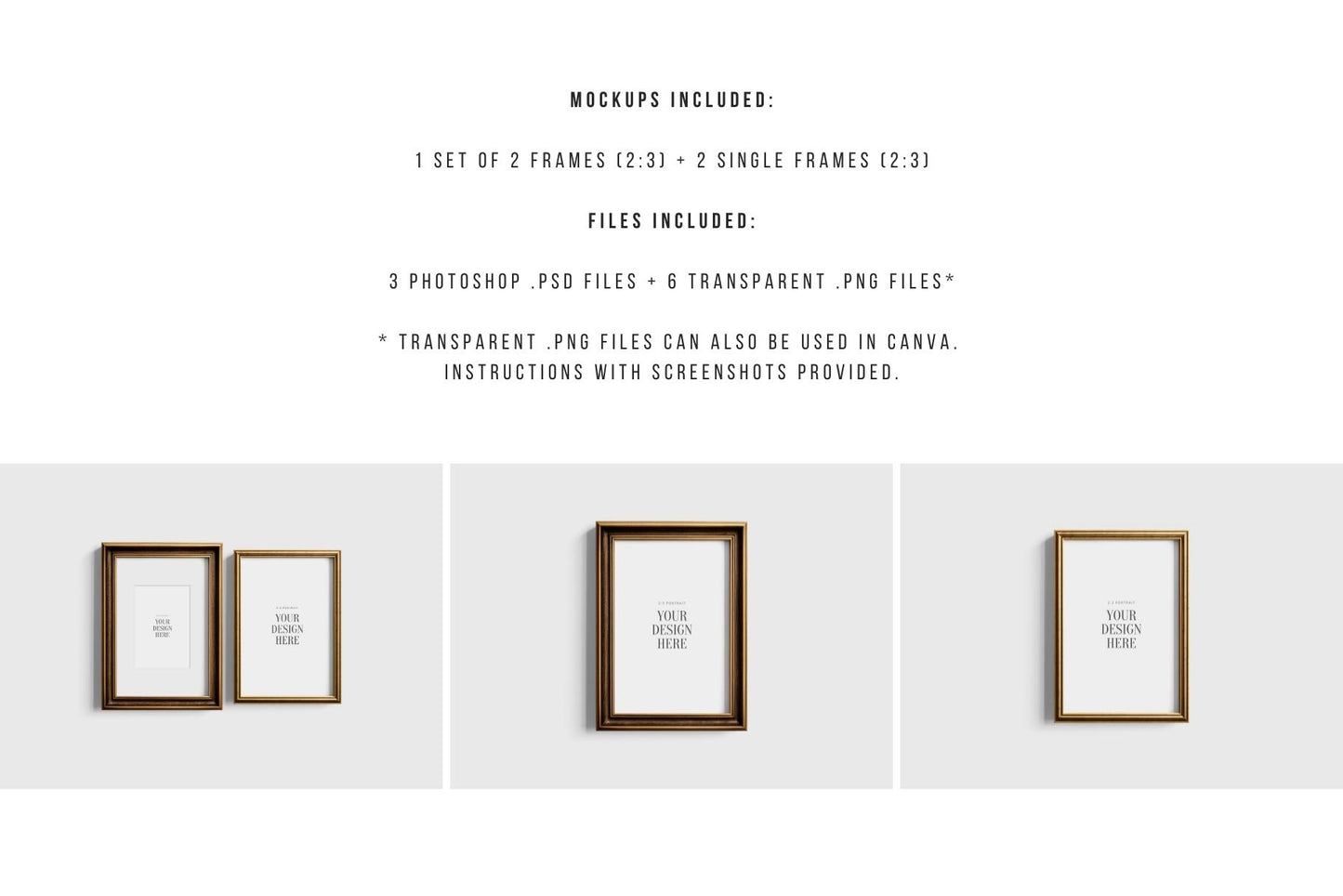 Metallic Frame Mockup Set of 2 Vertical Frames 2:3 | Vintage Gold Frame Mockup Set | PSD Template + Transparent PNG Files