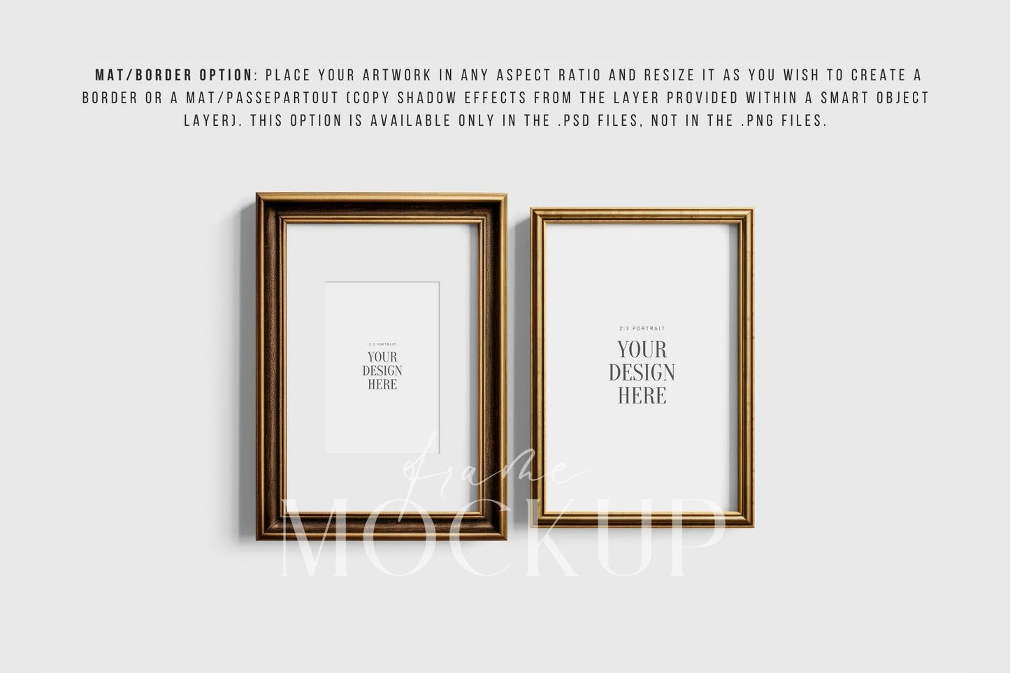 Metallic Frame Mockup Set of 2 Vertical Frames 2:3 | Vintage Gold Frame Mockup Set | PSD Template + Transparent PNG Files