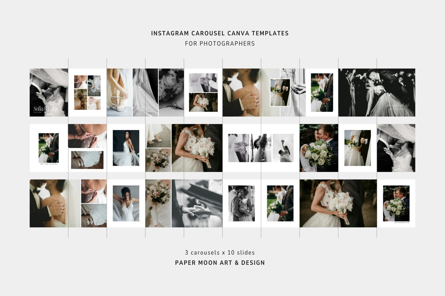 Portrait and wedding photography carousel Canva templates with modern layouts.