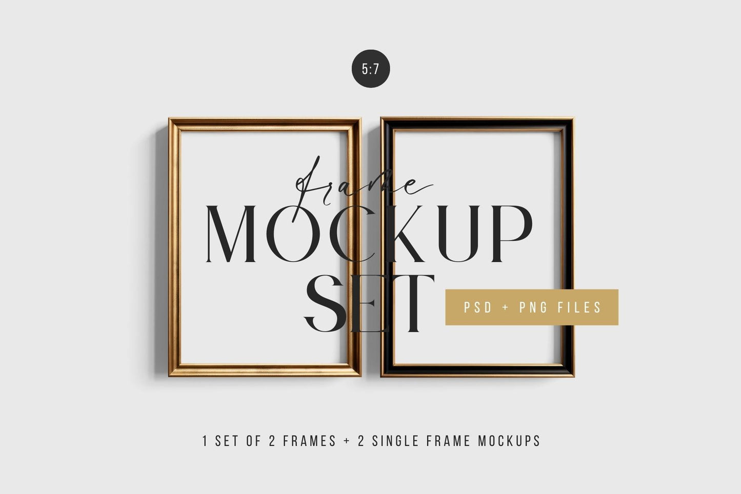 Metallic Frame Mockup Set of 2 Vertical Frames 5:7 | Elegant Black and Gold Frame Mockup Set | PSD Template + Transparent PNG Files
