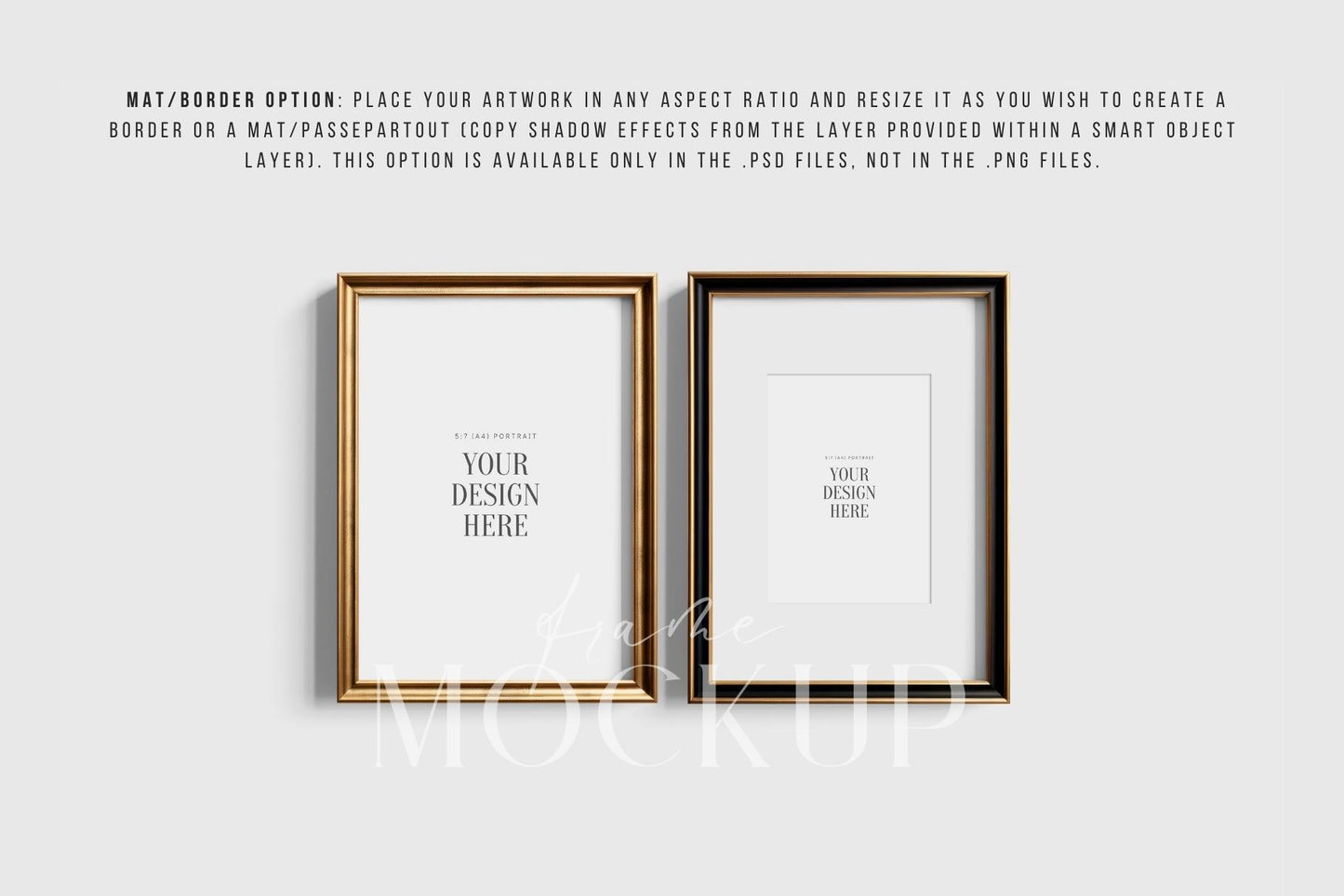 Metallic Frame Mockup Set of 2 Vertical Frames 5:7 | Elegant Black and Gold Frame Mockup Set | PSD Template + Transparent PNG Files