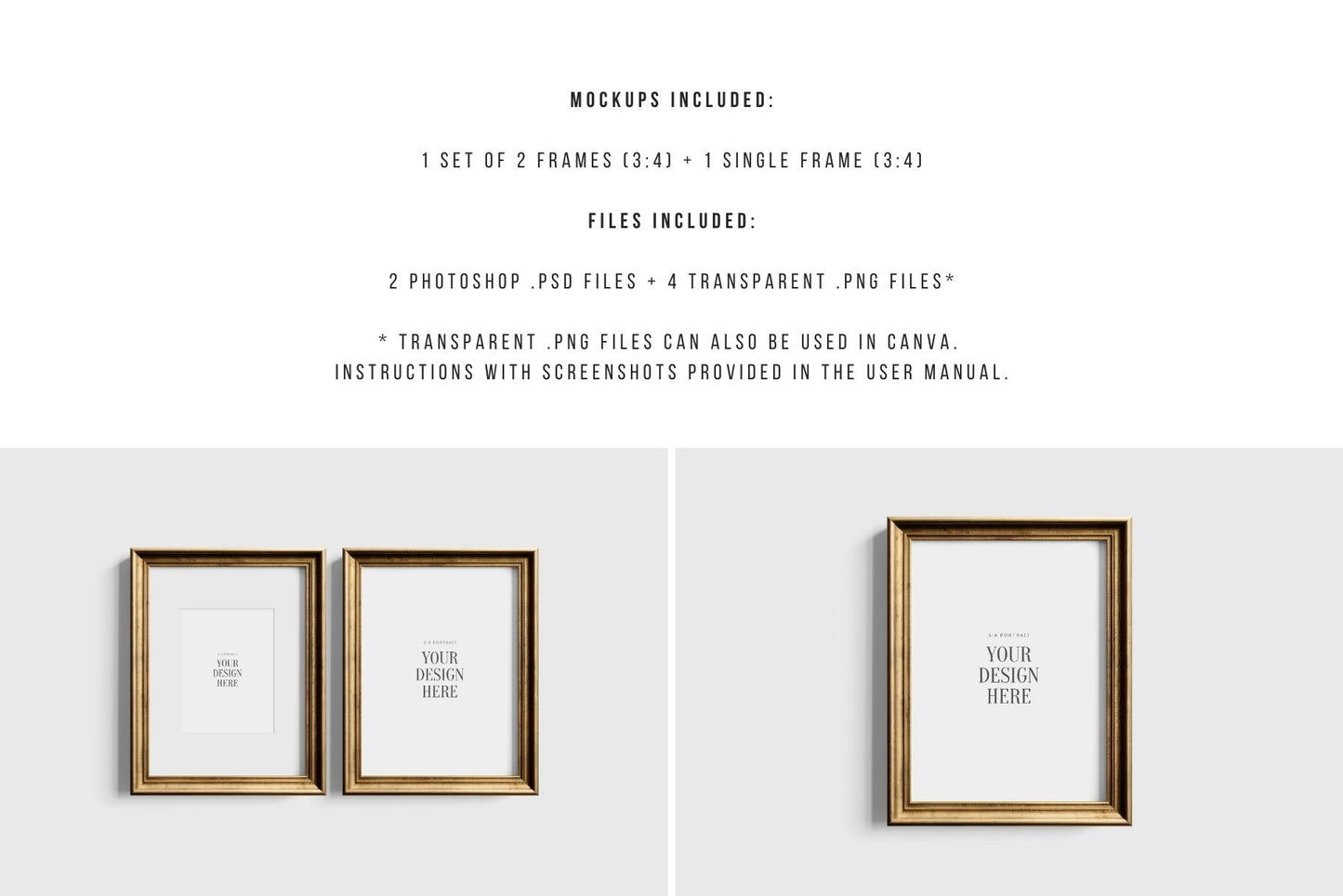 Metallic Frame Mockup Set of 2 Vertical Frames 3:4 | Vintage Gold Frame Mockup Set | PSD Template + Transparent PNG Files