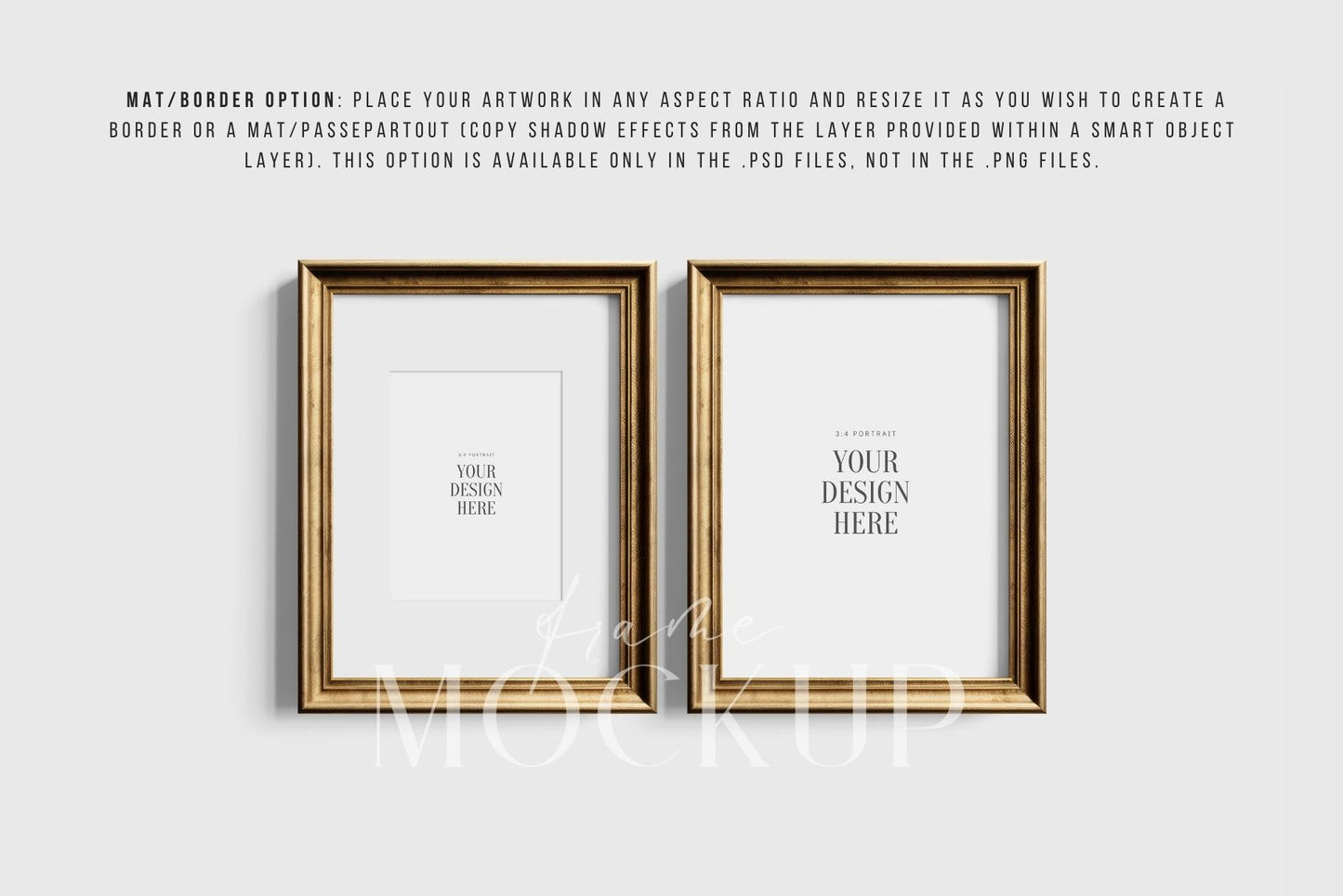 Metallic Frame Mockup Set of 2 Vertical Frames 3:4 | Vintage Gold Frame Mockup Set | PSD Template + Transparent PNG Files