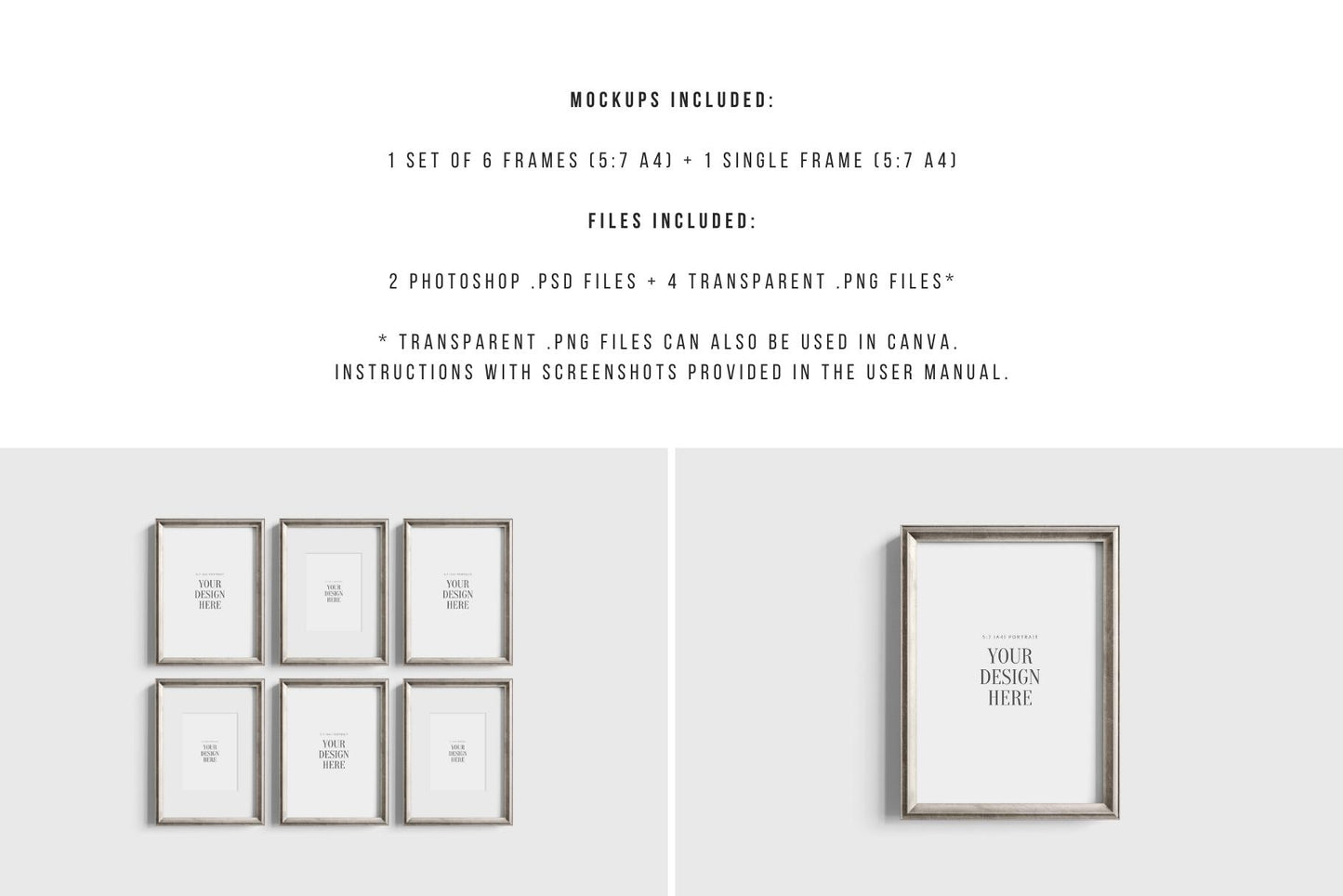 Metallic Frame Mockup Set of 6 Vertical Frames 5:7 A4 | Vintage Silver Frame Mockup Set | PSD Template + Transparent PNG Files