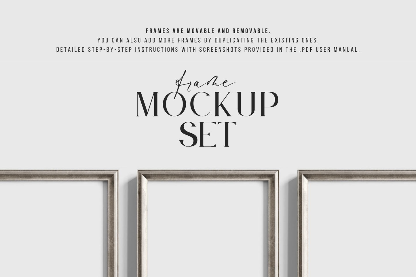 Metallic Frame Mockup Set of 6 Vertical Frames 5:7 A4 | Vintage Silver Frame Mockup Set | PSD Template + Transparent PNG Files