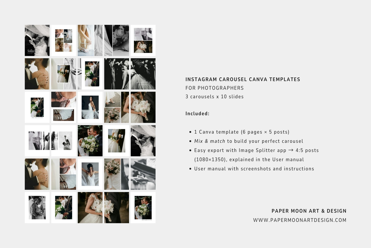 Instagram carousel Canva templates for portrait and wedding photography.