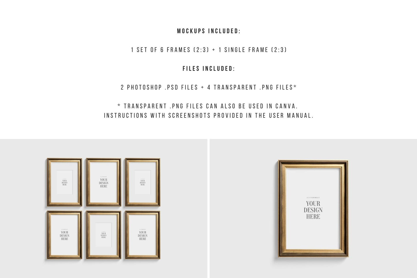 Metallic Frame Mockup Set of 6 Vertical Frames 2:3 | Vintage Gold Frame Mockup Set | PSD Template + Transparent PNG Files