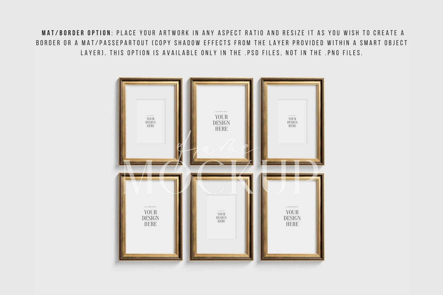 Metallic Frame Mockup Set of 6 Vertical Frames 2:3 | Vintage Gold Frame Mockup Set | PSD Template + Transparent PNG Files