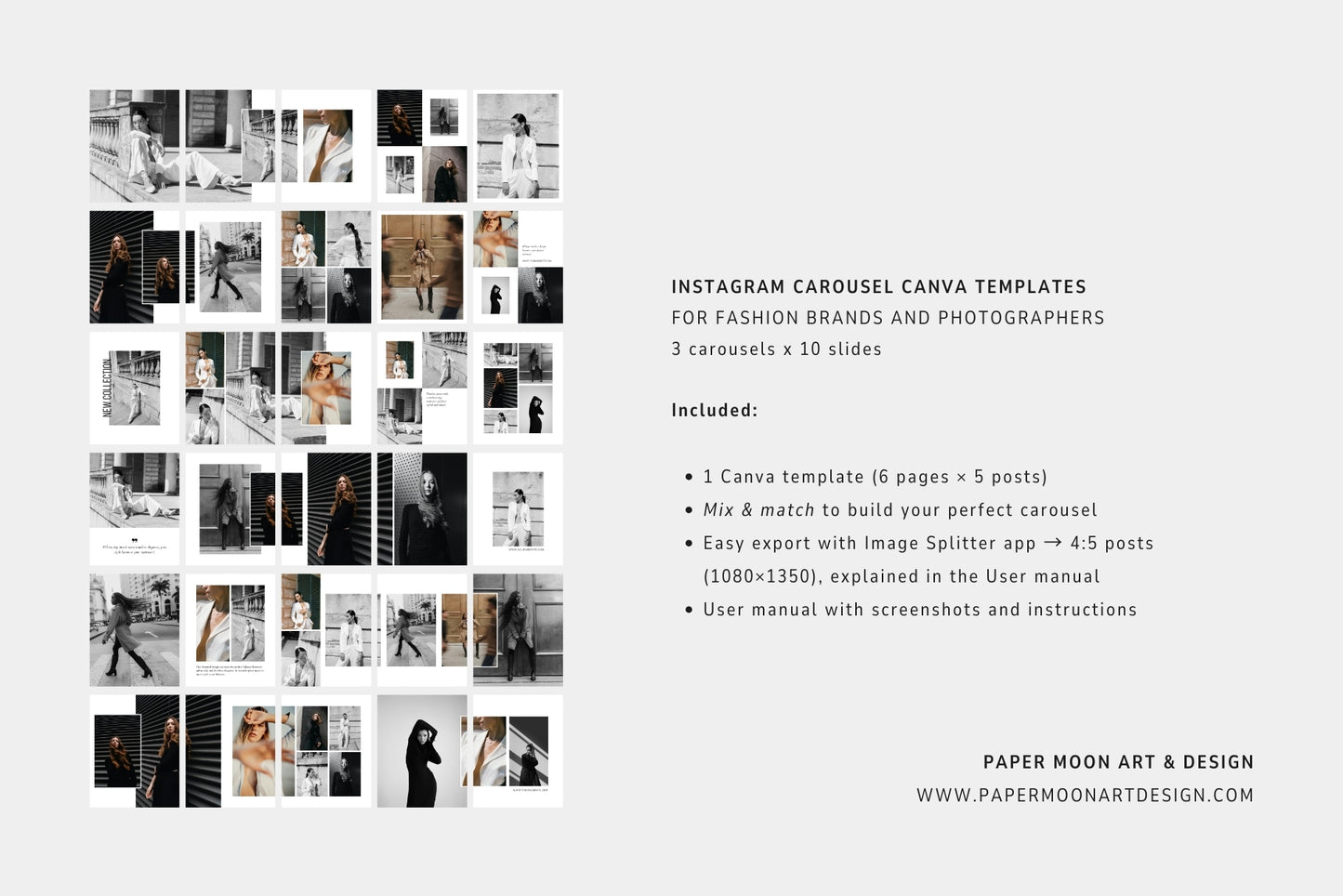 Minimal, editorial Instagram carousel Canva templates for fashion photography.