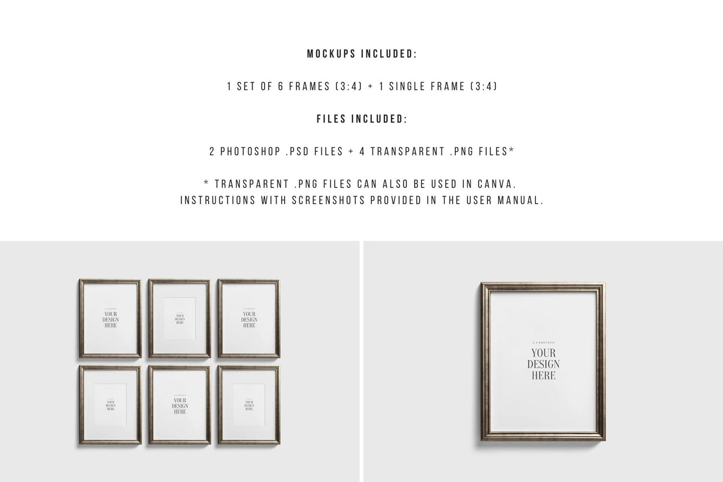 Metallic Frame Mockup Set of 6 Vertical Frames 3:4 | Vintage Silver Frame Mockup Set | PSD Template + Transparent PNG Files