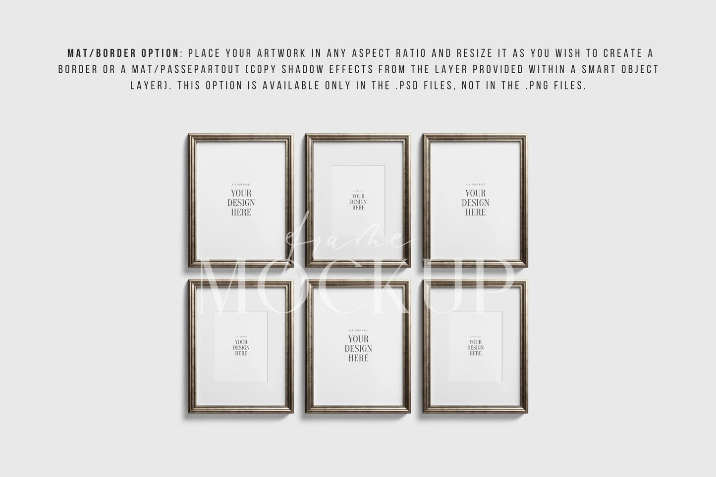 Metallic Frame Mockup Set of 6 Vertical Frames 3:4 | Vintage Silver Frame Mockup Set | PSD Template + Transparent PNG Files