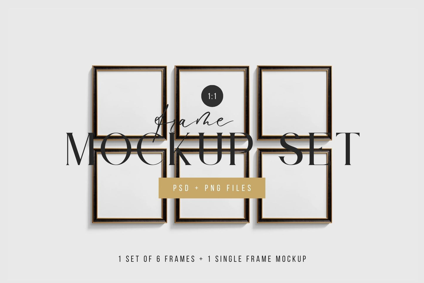 Metallic Frame Mockup Set of 6 Square Frames 1:1 | Elegant Black and Gold Frame Mockup Set | PSD Template + Transparent PNG Files