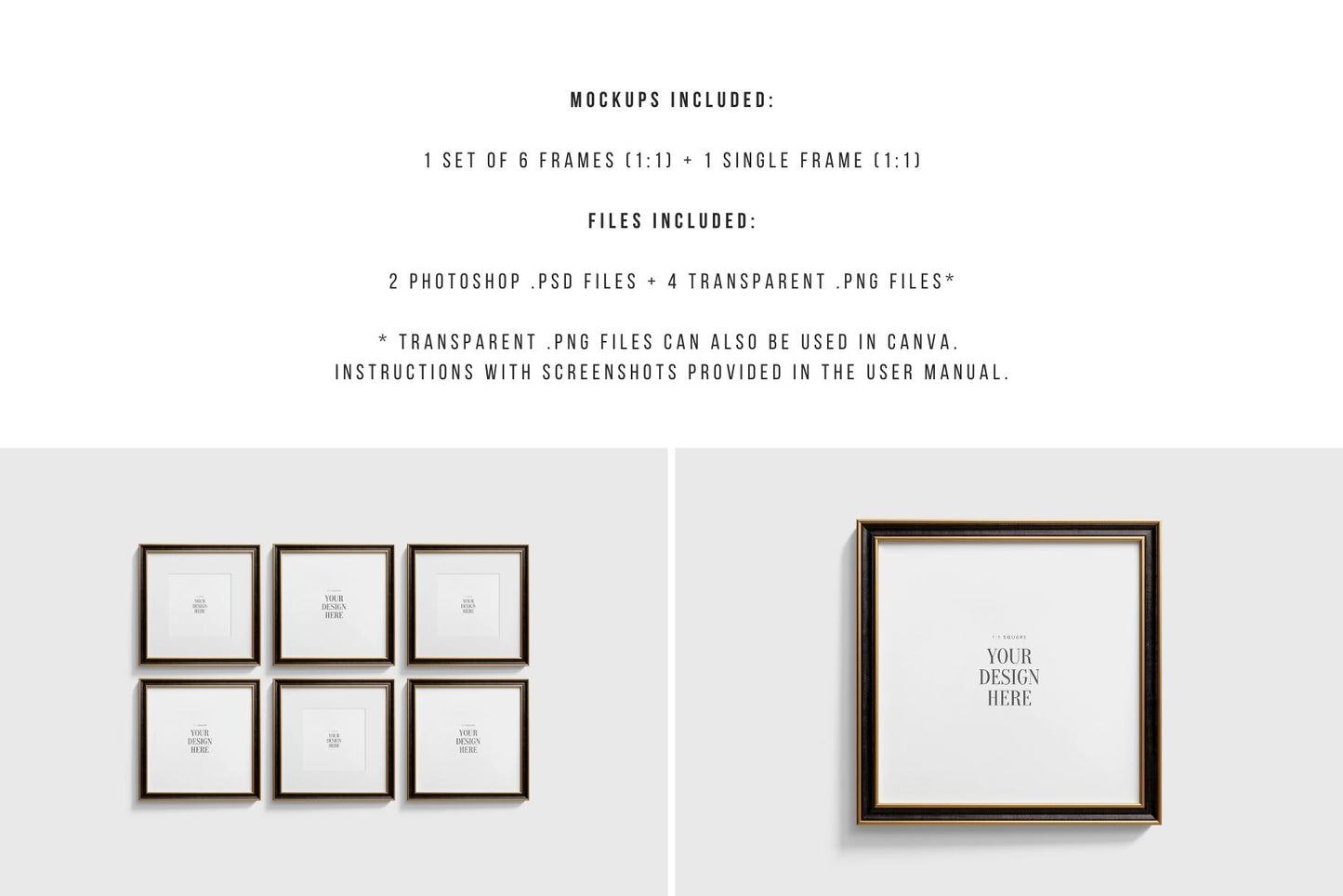 Metallic Frame Mockup Set of 6 Square Frames 1:1 | Elegant Black and Gold Frame Mockup Set | PSD Template + Transparent PNG Files