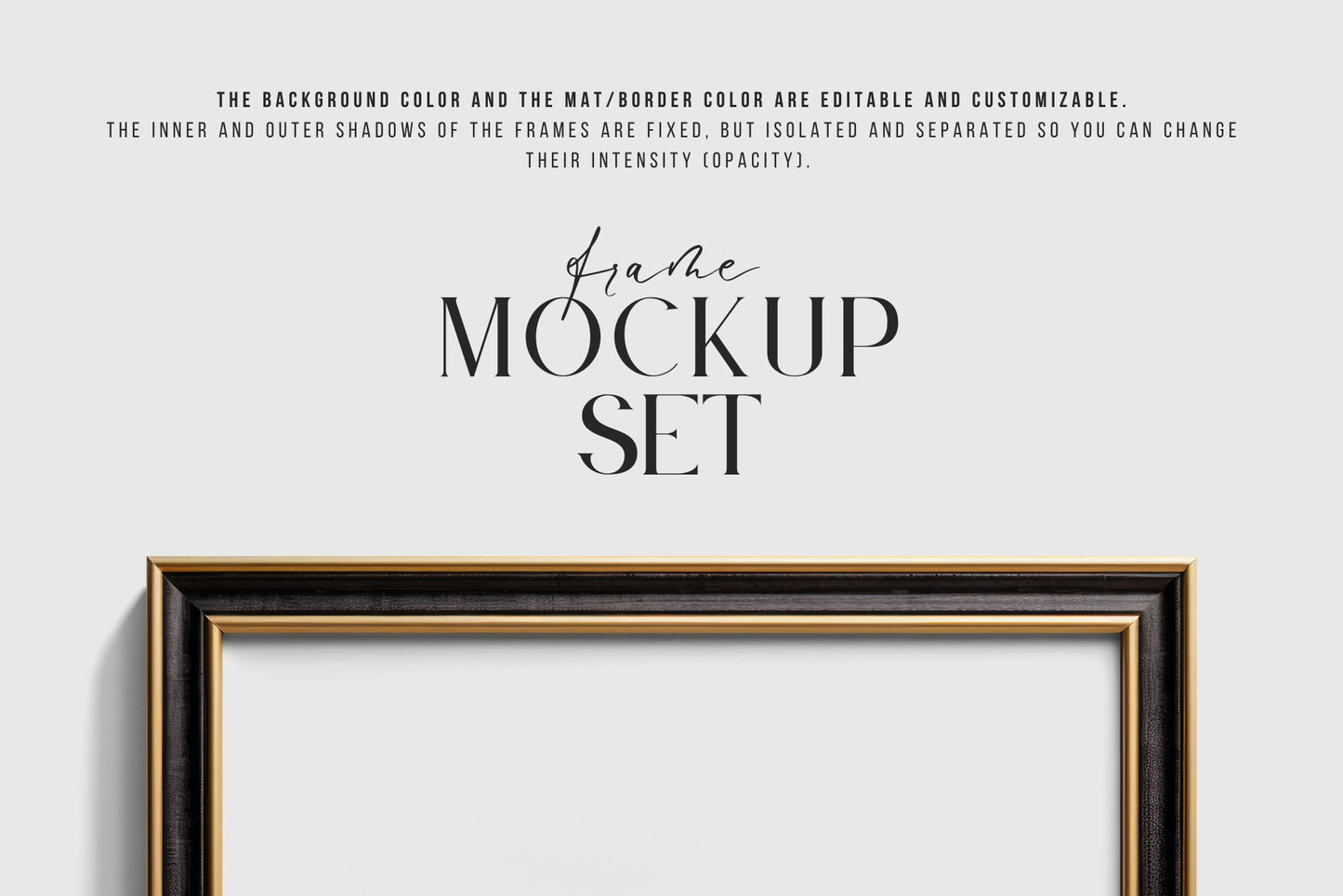 Metallic Frame Mockup Set of 6 Square Frames 1:1 | Elegant Black and Gold Frame Mockup Set | PSD Template + Transparent PNG Files