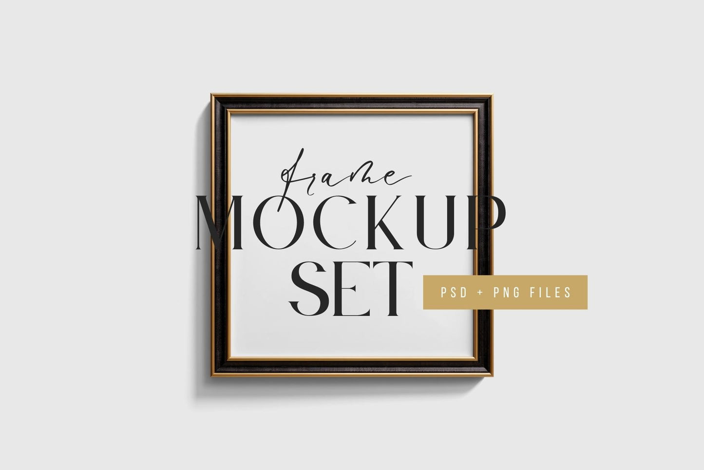 Metallic Frame Mockup Set of 6 Square Frames 1:1 | Elegant Black and Gold Frame Mockup Set | PSD Template + Transparent PNG Files