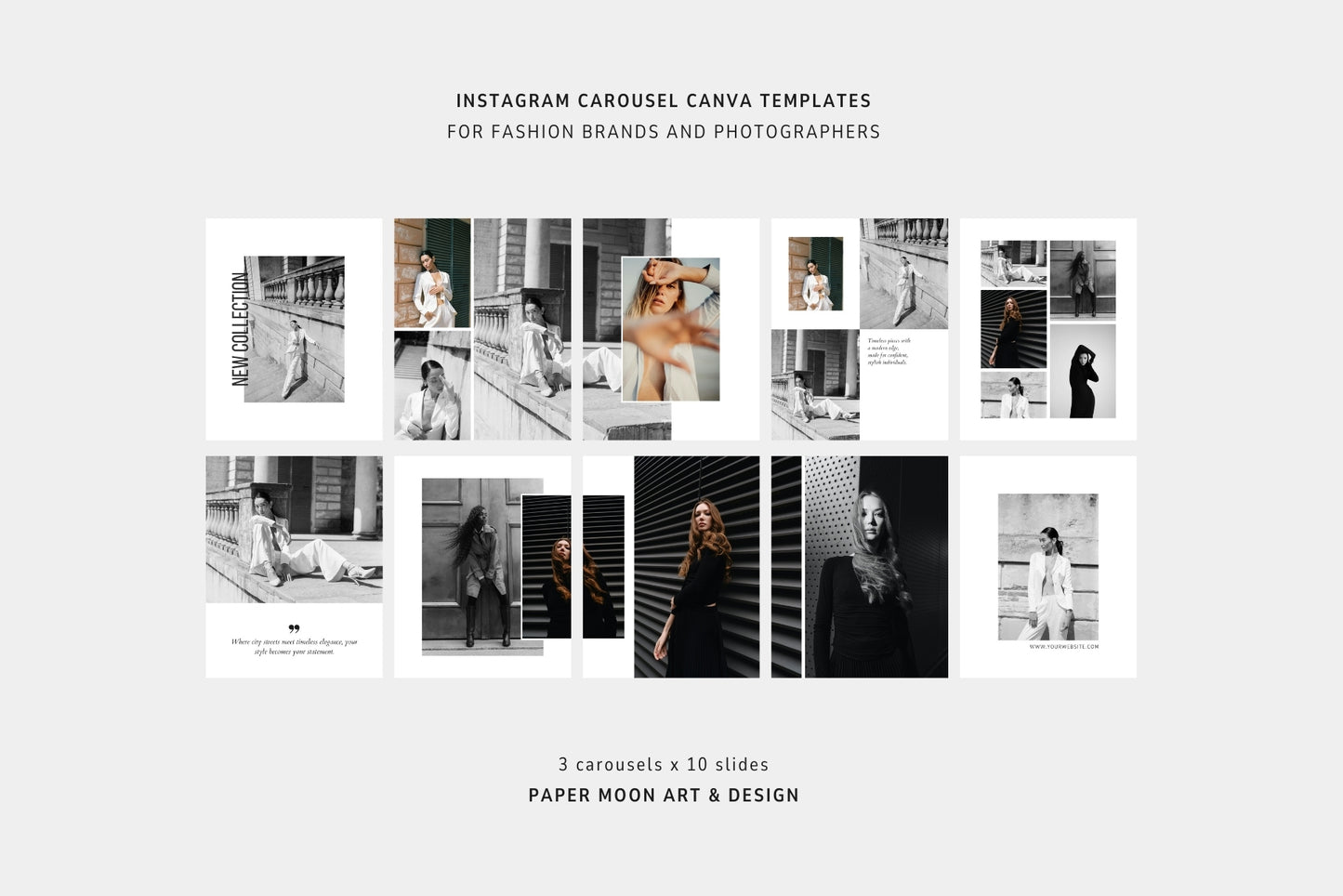 Modern Canva carousel templates for editorial and fashion photography on Instagram.