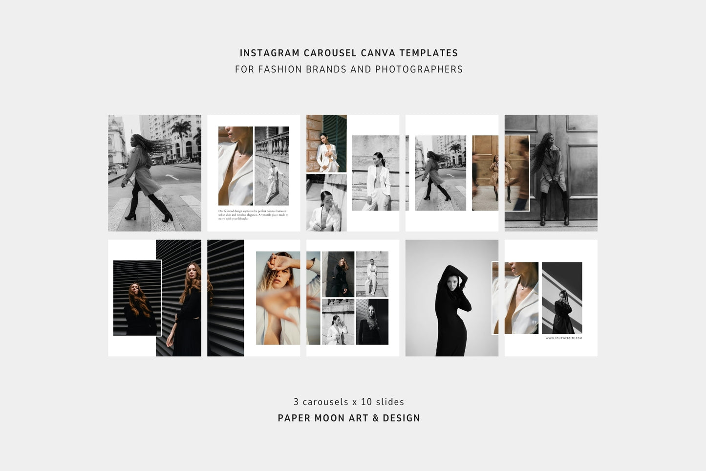 10-slide Instagram carousel Canva templates for editorial and fashion photography.