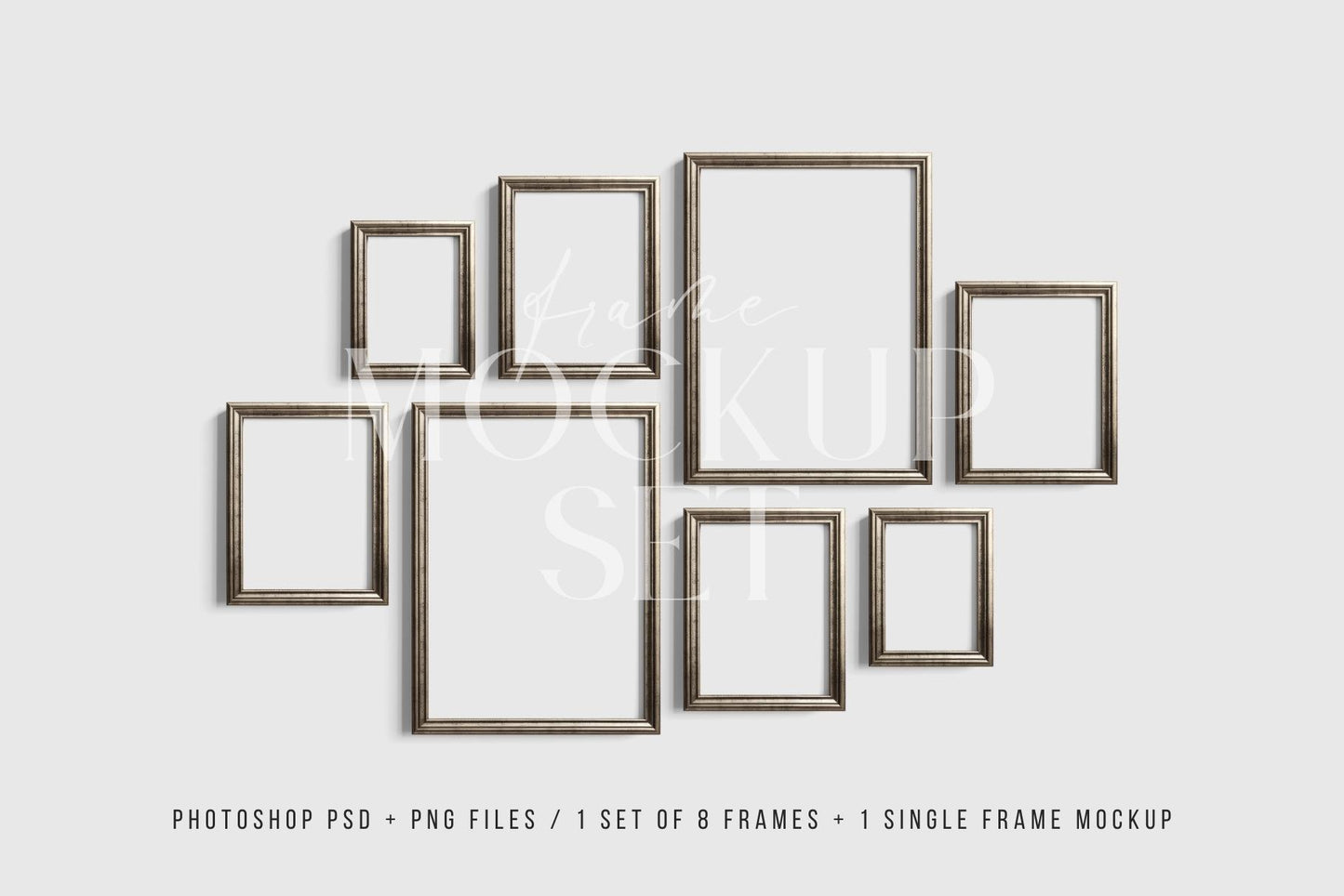 Gallery Wall Mockup | Metallic Frame Mockup Set of 8 Vertical Frames 5:7, 3:4 | Vintage Silver Frame Mockup Set | PSD Template + Transparent PNG Files