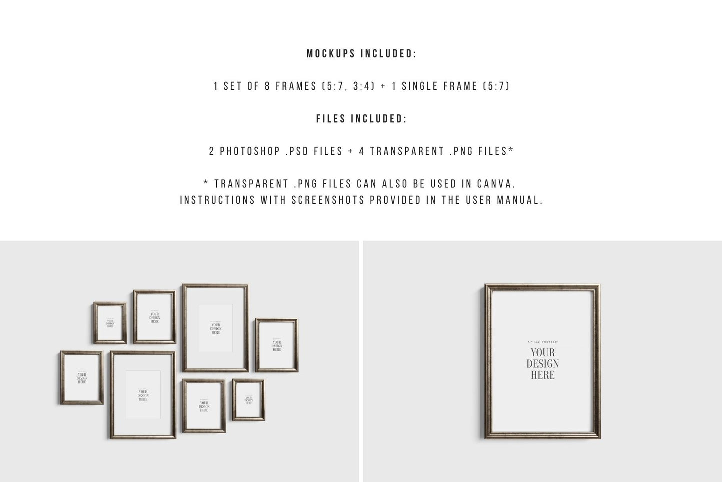 Gallery Wall Mockup | Metallic Frame Mockup Set of 8 Vertical Frames 5:7, 3:4 | Vintage Silver Frame Mockup Set | PSD Template + Transparent PNG Files