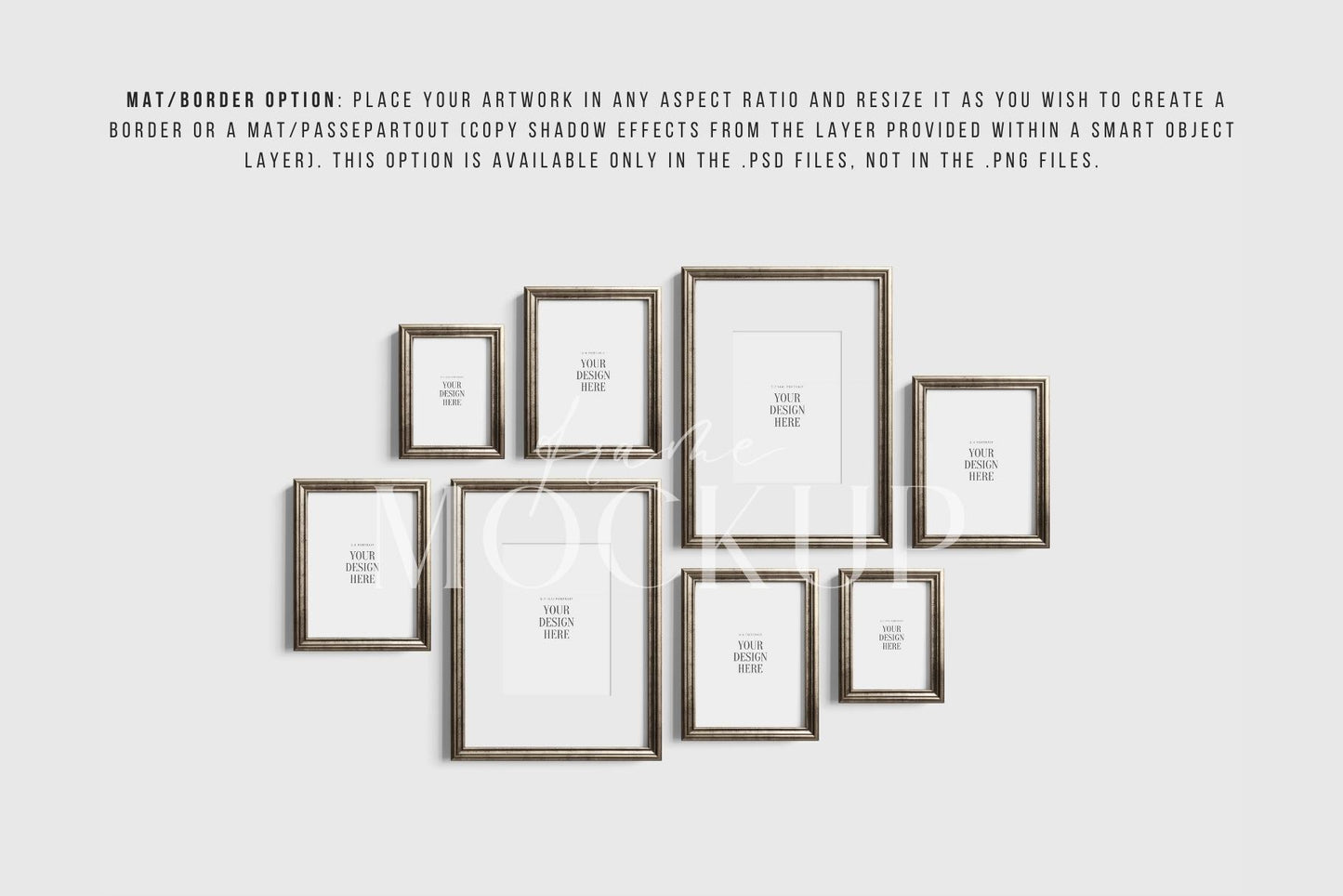 Gallery Wall Mockup | Metallic Frame Mockup Set of 8 Vertical Frames 5:7, 3:4 | Vintage Silver Frame Mockup Set | PSD Template + Transparent PNG Files