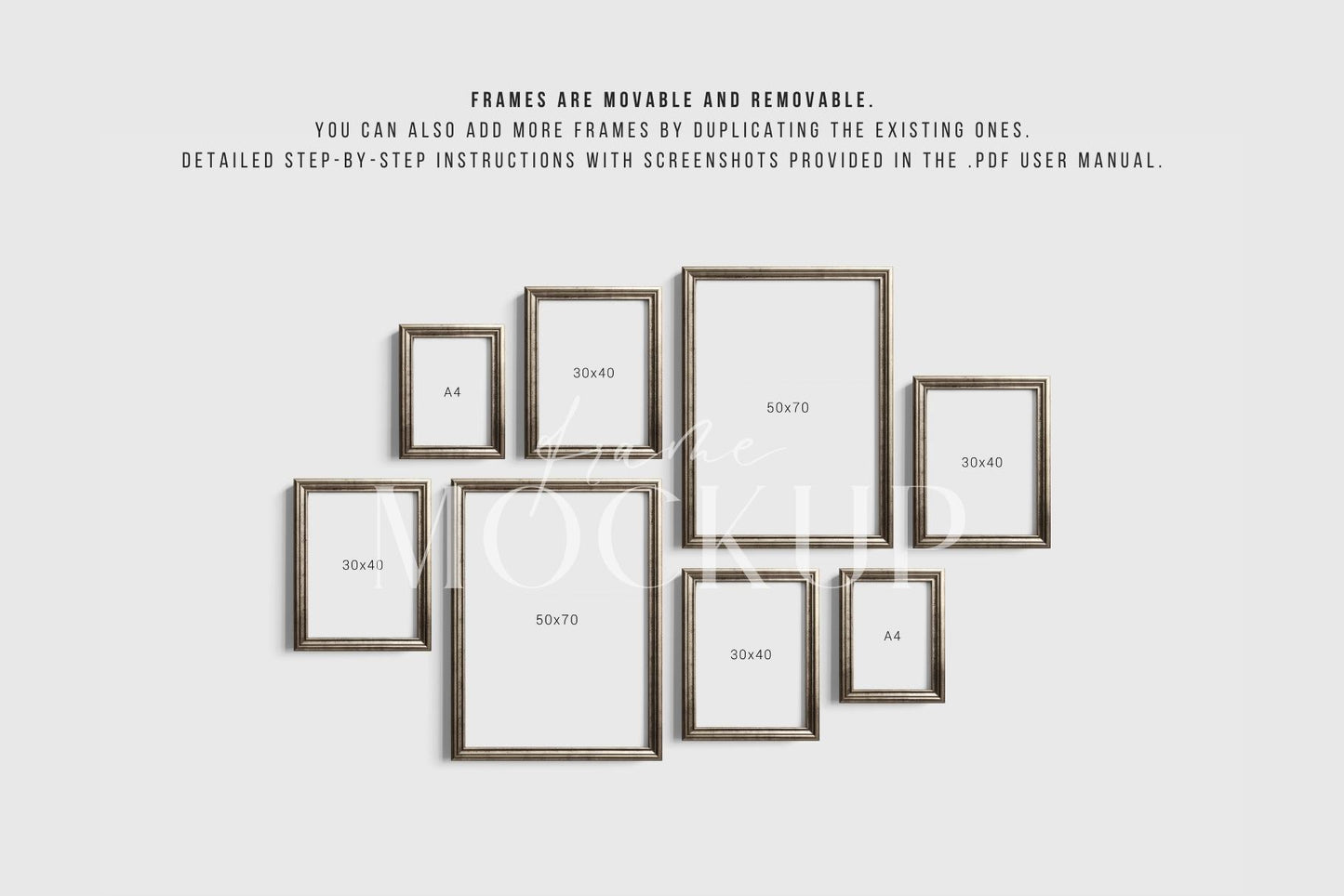 Gallery Wall Mockup | Metallic Frame Mockup Set of 8 Vertical Frames 5:7, 3:4 | Vintage Silver Frame Mockup Set | PSD Template + Transparent PNG Files