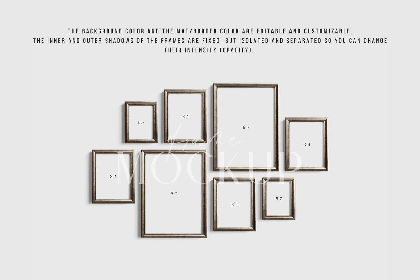 Gallery Wall Mockup | Metallic Frame Mockup Set of 8 Vertical Frames 5:7, 3:4 | Vintage Silver Frame Mockup Set | PSD Template + Transparent PNG Files