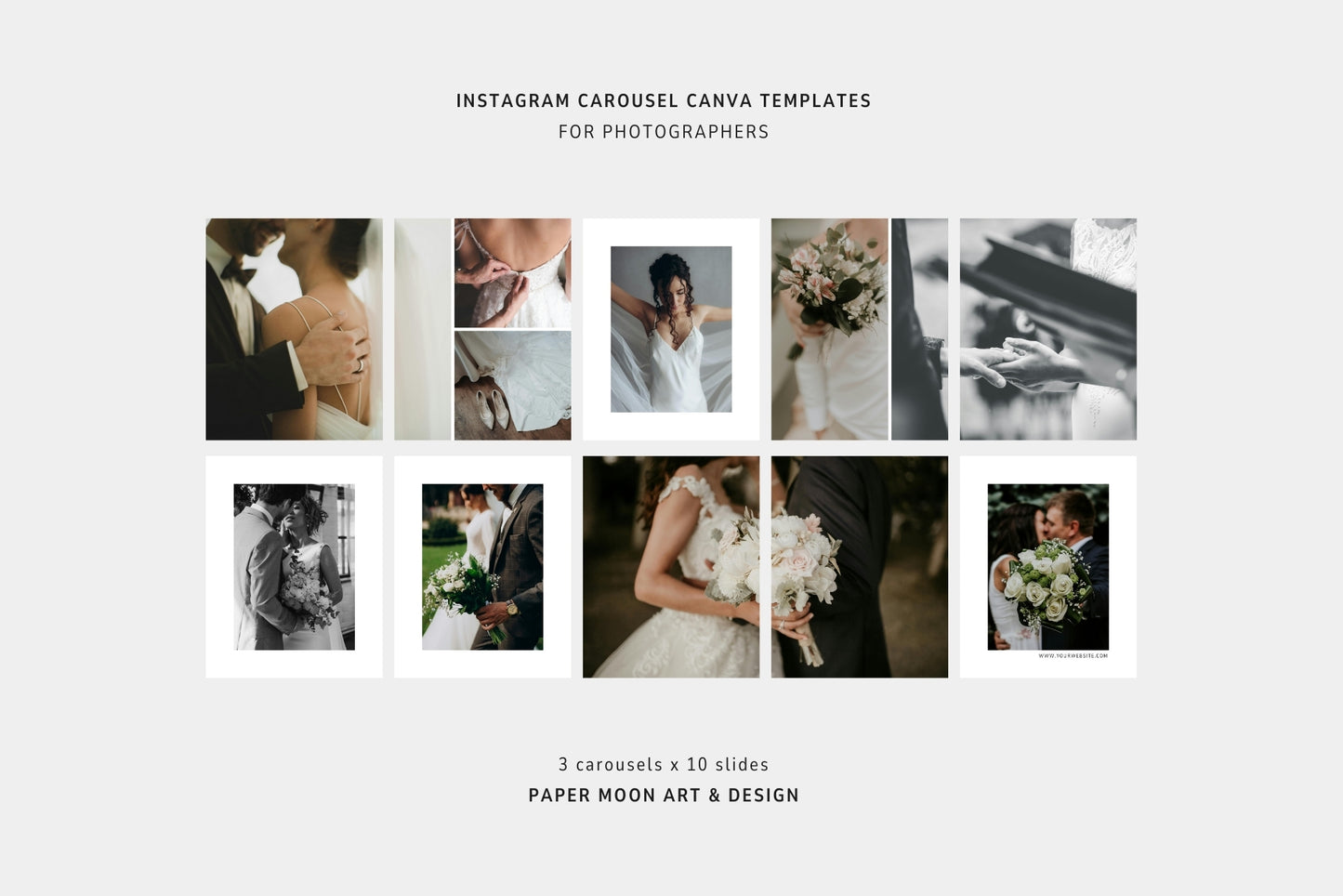 Modern Canva carousel templates for portrait and wedding photographers.
