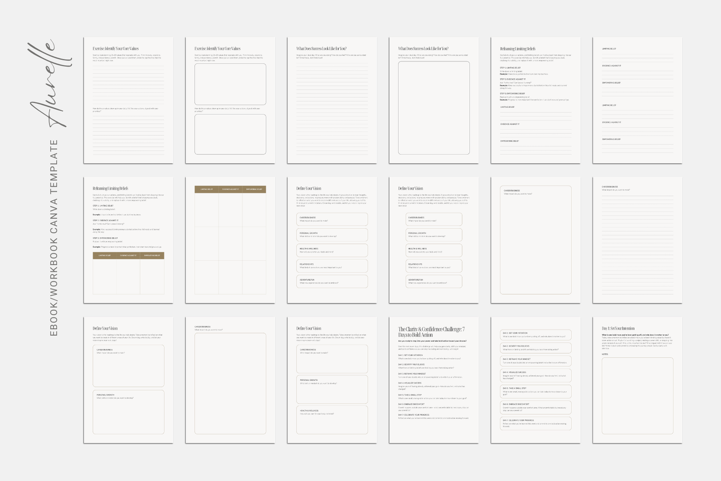 Wellness coach ebook template in Canva with modern layouts, refined editorial typography, and customizable client workbook pages