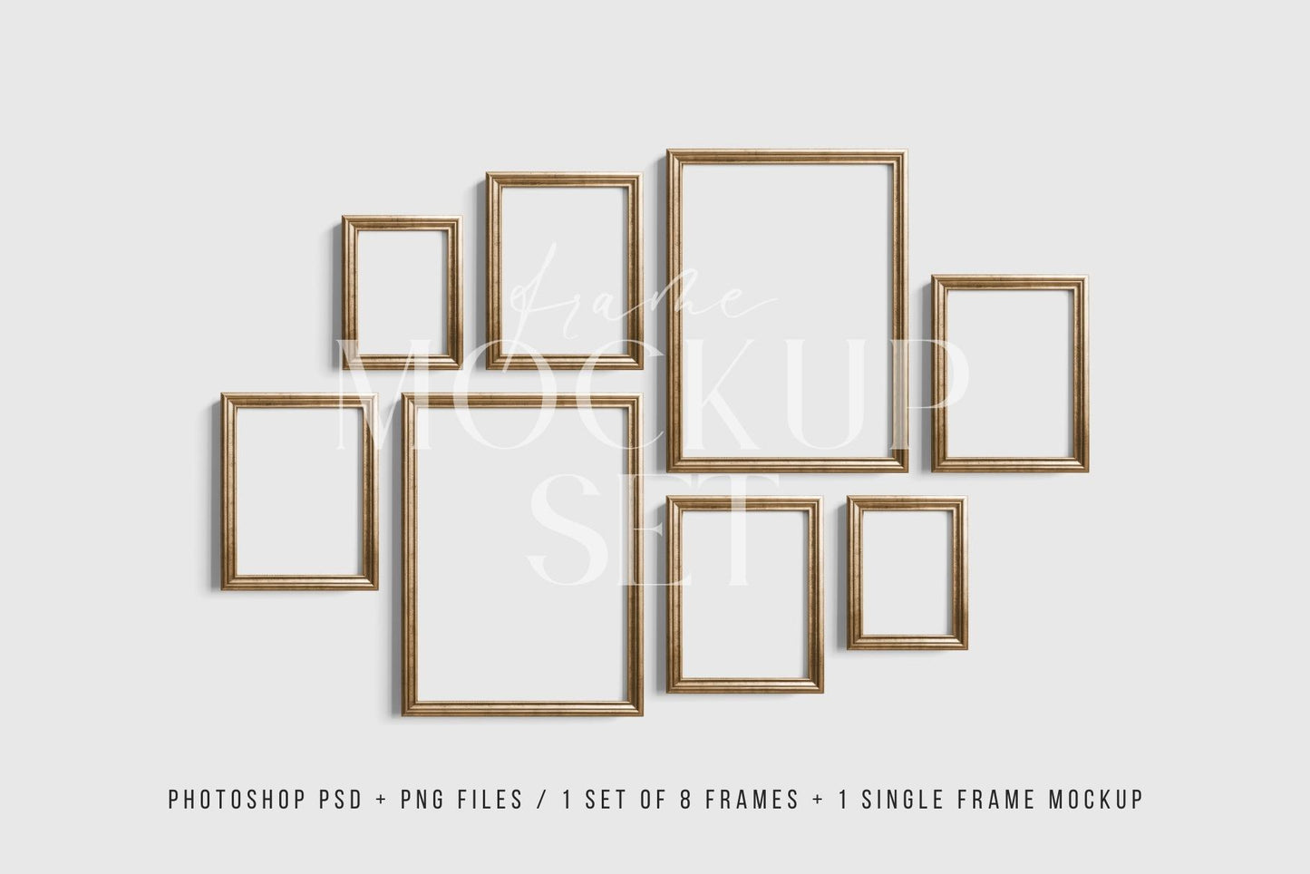 Gallery Wall Mockup | Metallic Frame Mockup Set of 8 Vertical Frames 5:7, 3:4 | Vintage Gold Frame Mockup Set | PSD Template + Transparent PNG Files