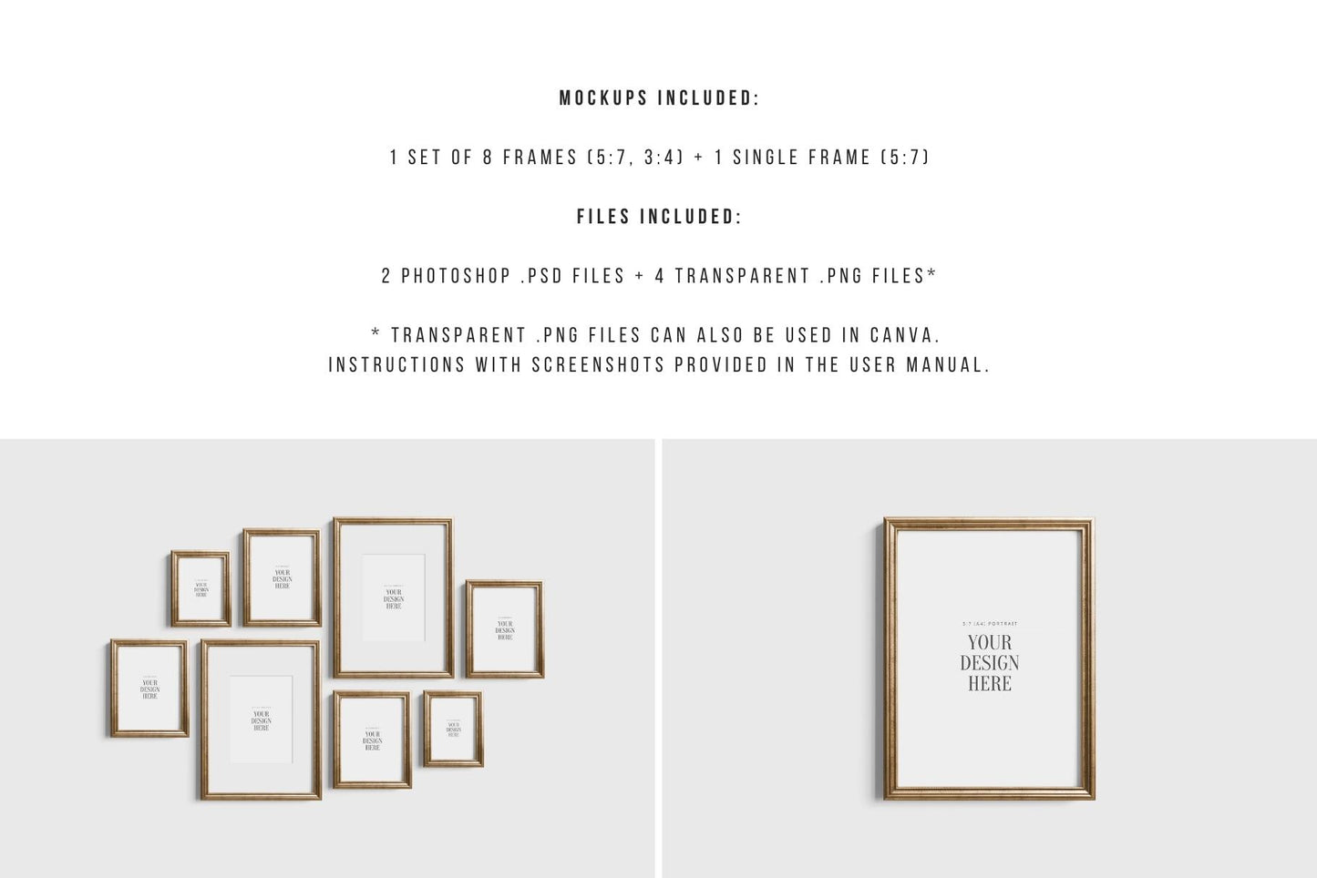 Gallery Wall Mockup | Metallic Frame Mockup Set of 8 Vertical Frames 5:7, 3:4 | Vintage Gold Frame Mockup Set | PSD Template + Transparent PNG Files