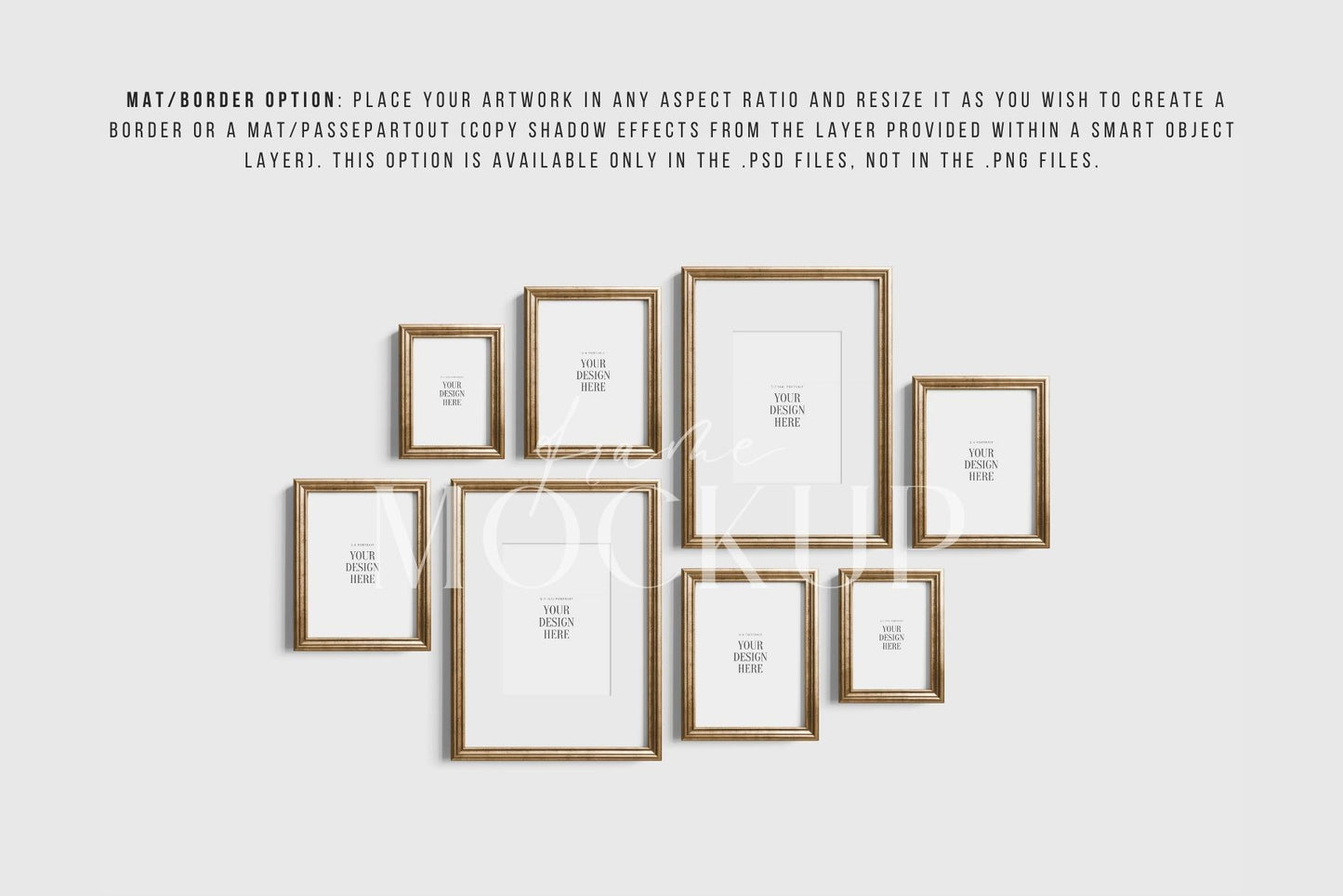 Gallery Wall Mockup | Metallic Frame Mockup Set of 8 Vertical Frames 5:7, 3:4 | Vintage Gold Frame Mockup Set | PSD Template + Transparent PNG Files