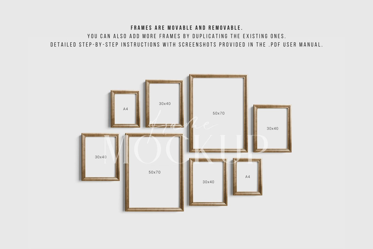 Gallery Wall Mockup | Metallic Frame Mockup Set of 8 Vertical Frames 5:7, 3:4 | Vintage Gold Frame Mockup Set | PSD Template + Transparent PNG Files