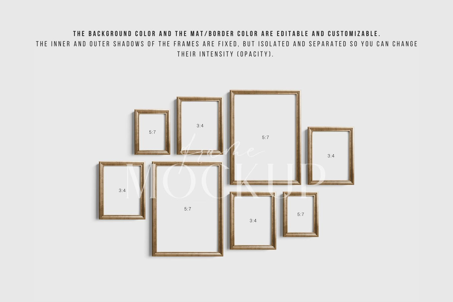 Gallery Wall Mockup | Metallic Frame Mockup Set of 8 Vertical Frames 5:7, 3:4 | Vintage Gold Frame Mockup Set | PSD Template + Transparent PNG Files