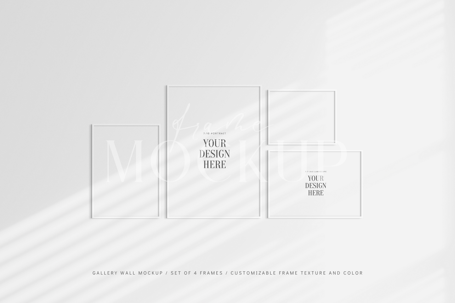 Gallery wall mockup set of 4 movable white frames with mat/passepartout and shadows.