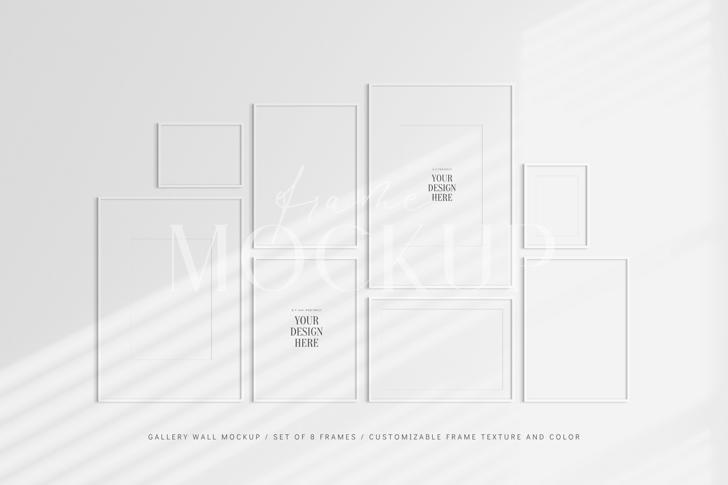 Gallery wall mockup set of 8 movable white frames with mat/passepartout and shadows.