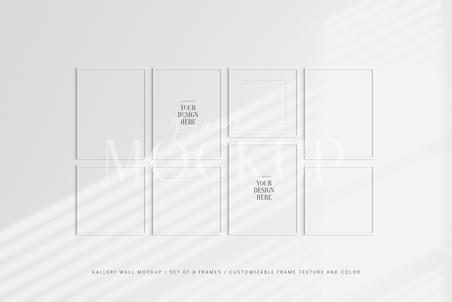 Gallery wall mockup set of 8 square and vertical 3:4 white frames with shadow overlays.