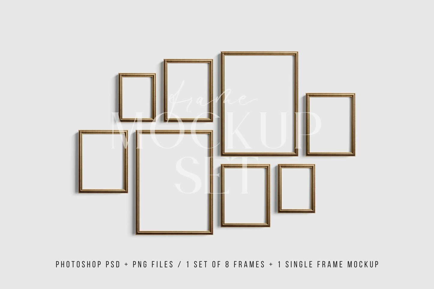 Gallery Wall Mockup | Metallic Frame Mockup Set of 8 Vertical Frames 5:7, 3:4 | Vintage Gold Frame Mockup Set | PSD Template + Transparent PNG Files