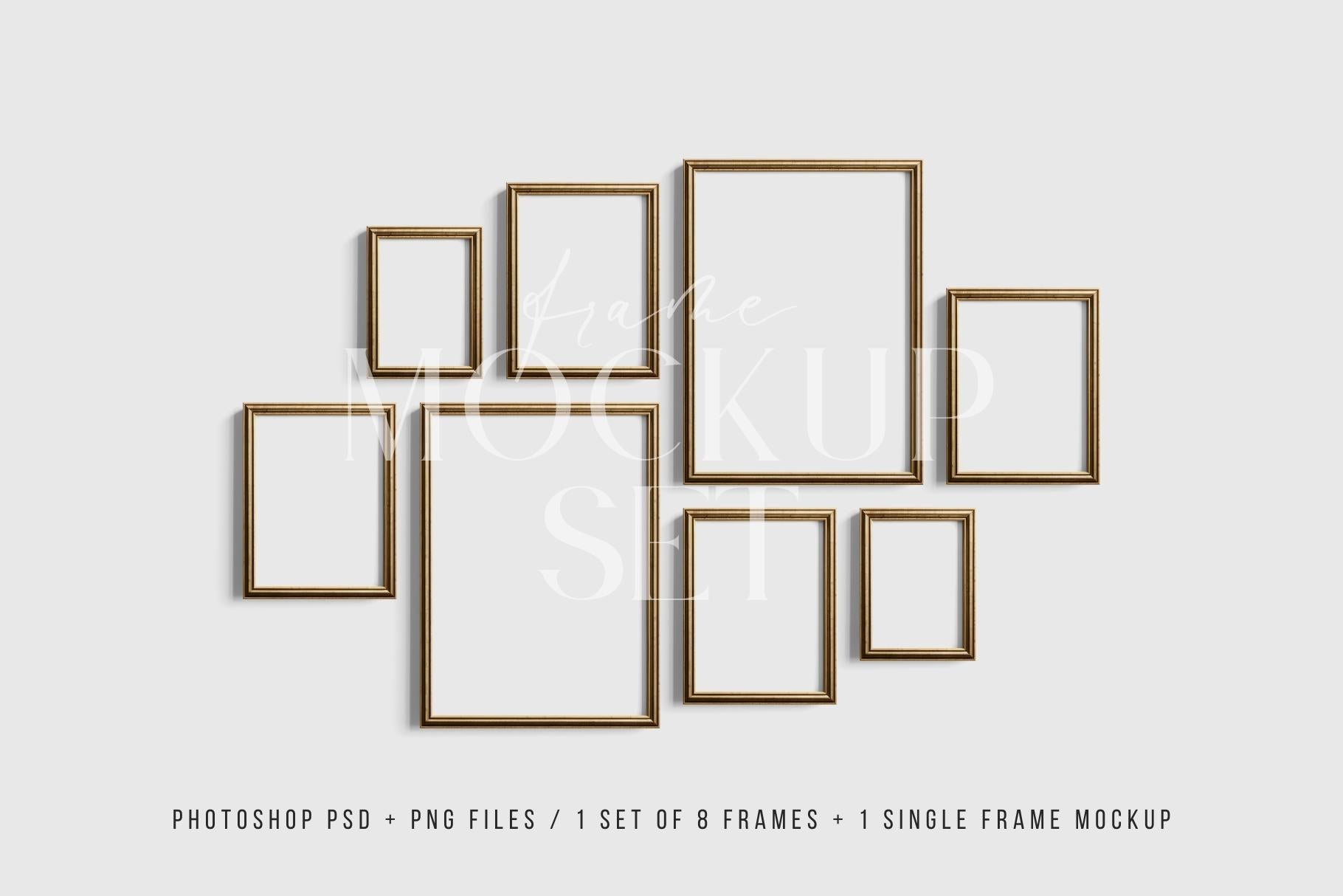 Gallery Wall Mockup | Metallic Frame Mockup Set of 8 Vertical Frames 5:7, 3:4 | Vintage Gold Frame Mockup Set | PSD Template + Transparent PNG Files
