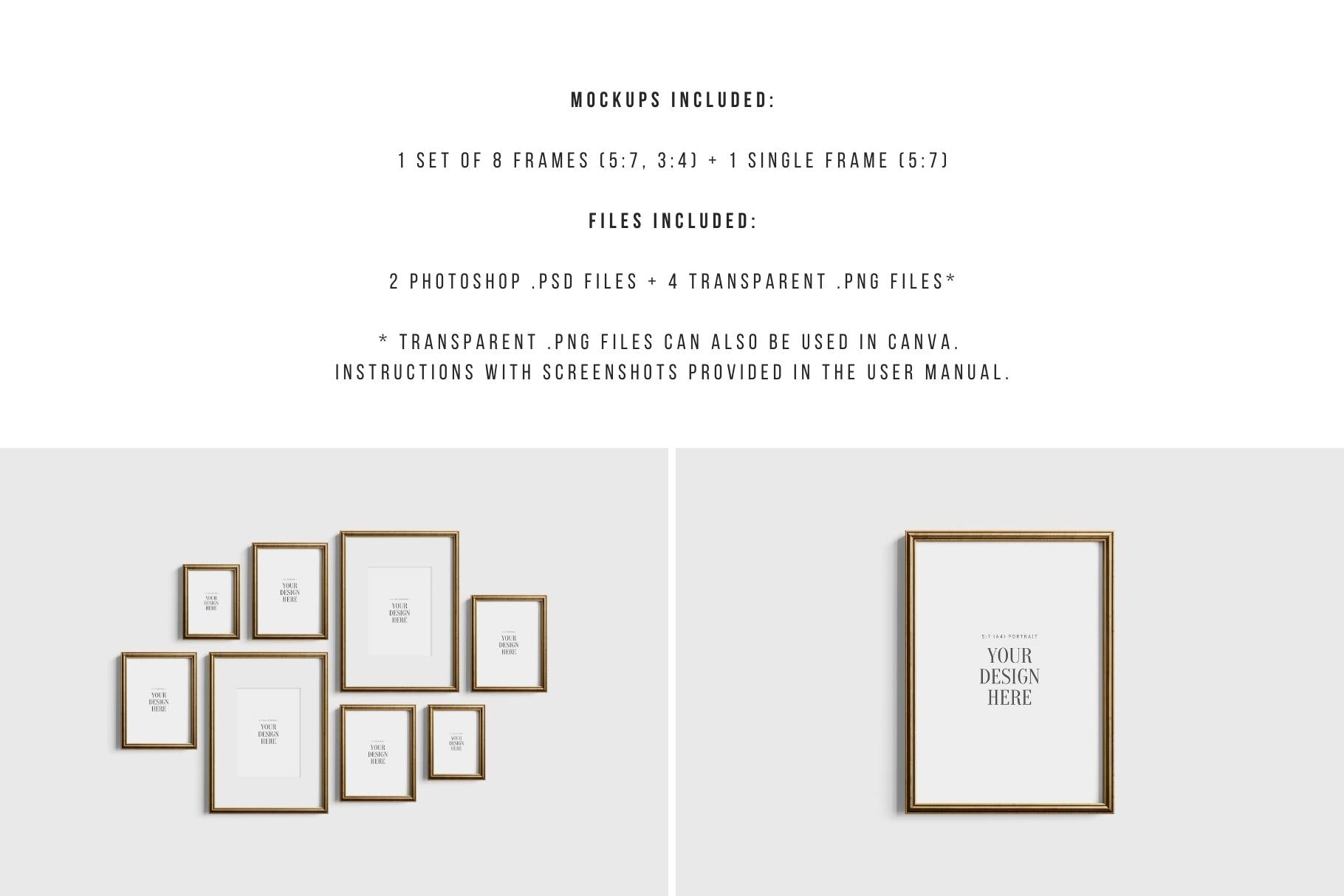 Gallery Wall Mockup | Metallic Frame Mockup Set of 8 Vertical Frames 5:7, 3:4 | Vintage Gold Frame Mockup Set | PSD Template + Transparent PNG Files