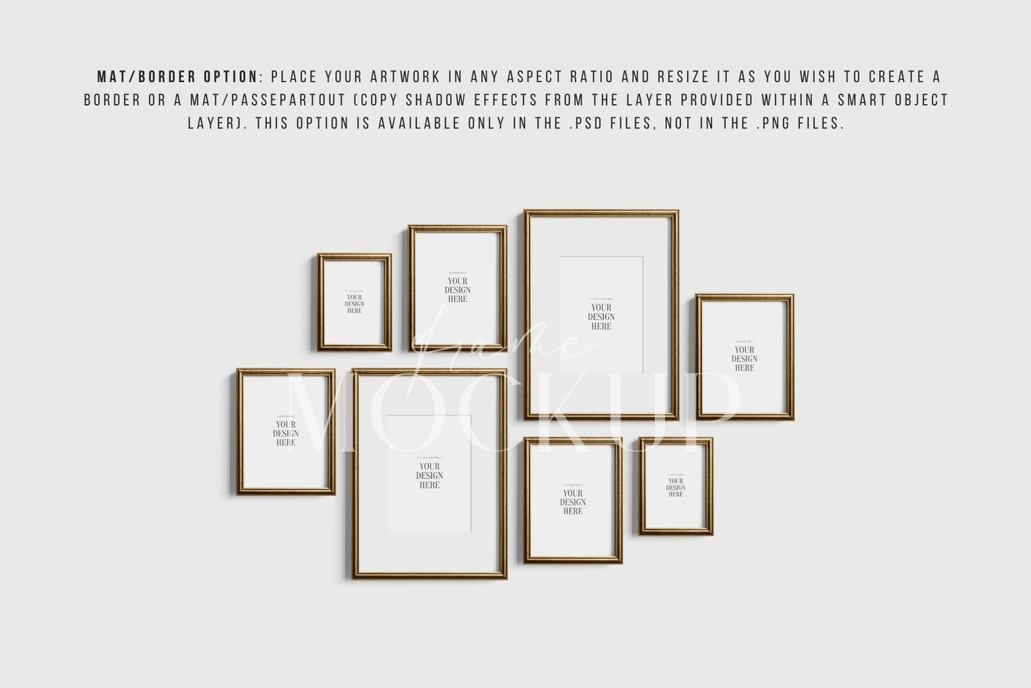 Gallery Wall Mockup | Metallic Frame Mockup Set of 8 Vertical Frames 5:7, 3:4 | Vintage Gold Frame Mockup Set | PSD Template + Transparent PNG Files